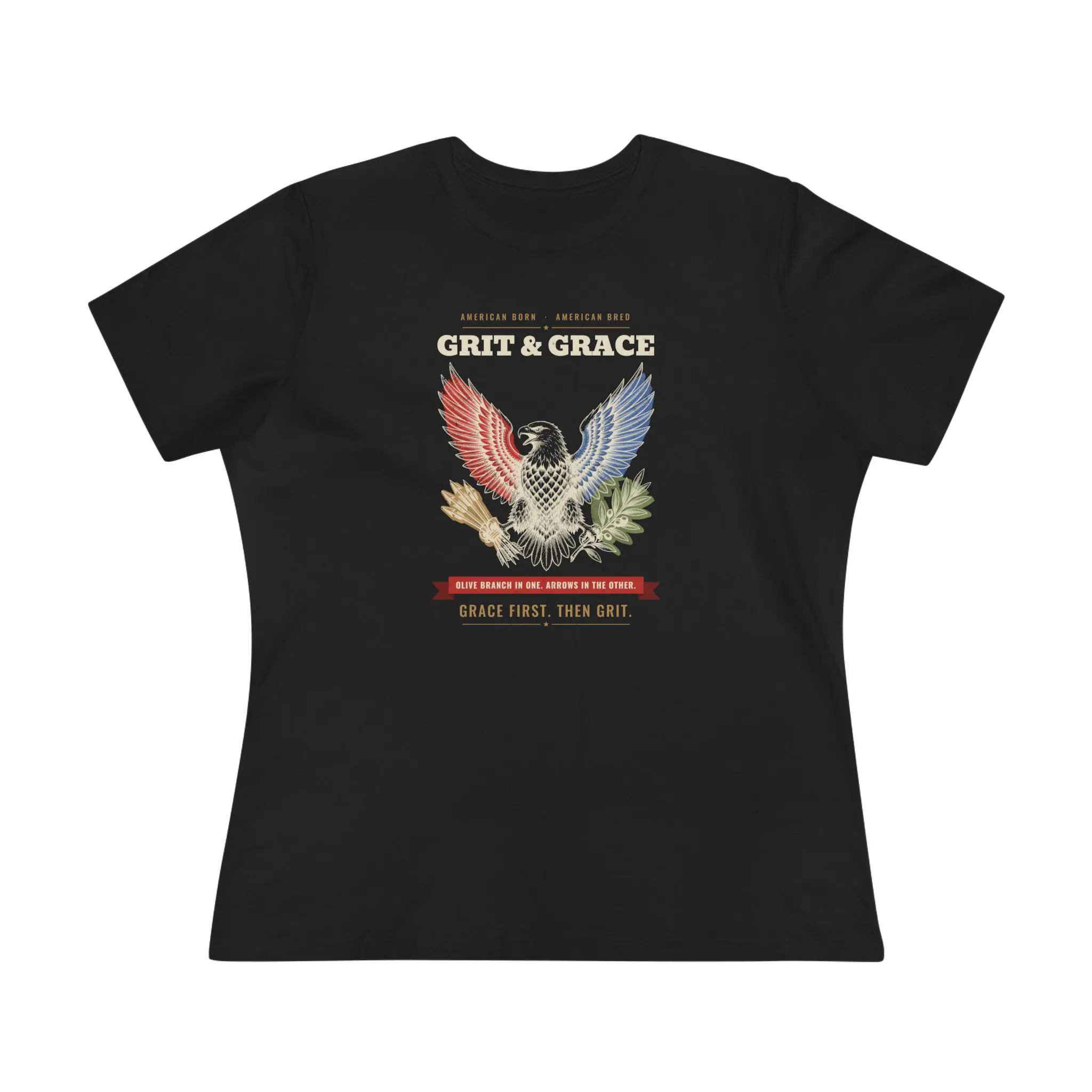 Women's Grit & Grace Eagle Tee | Patriotic American Eagle Olive Branch and Arrows Shirt