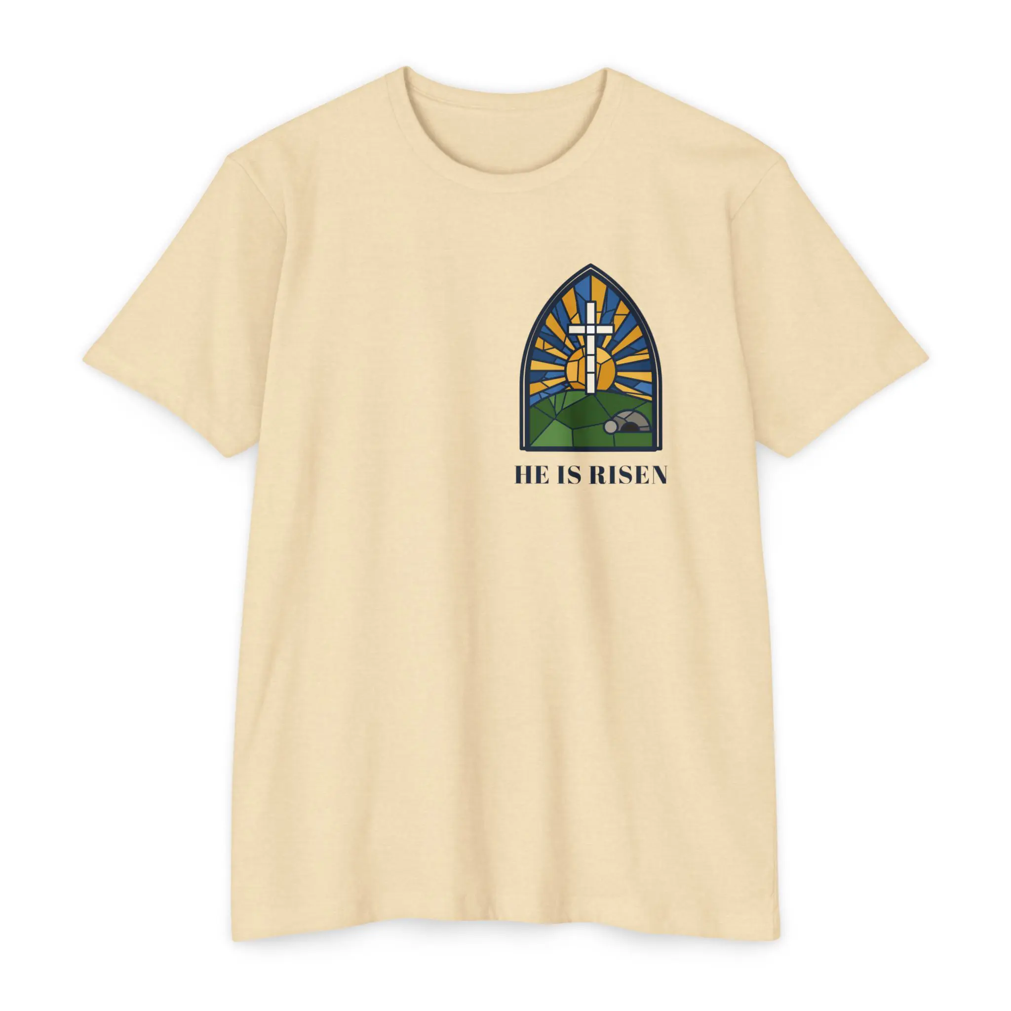 He Is Risen T-Shirt | Stained Glass Empty Tomb Front and Back Tee
