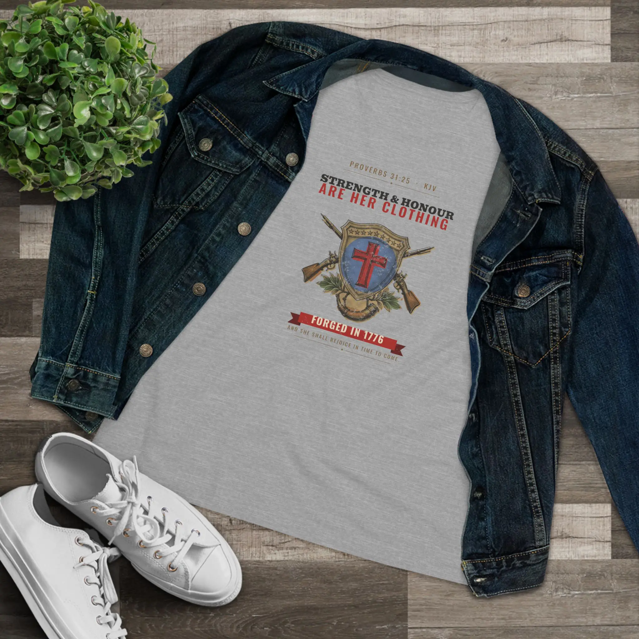 Women's Strength & Honour Are Her Clothing Tee | Proverbs 31:25 Shield Cross and Muskets Christian Shirt - Image 11