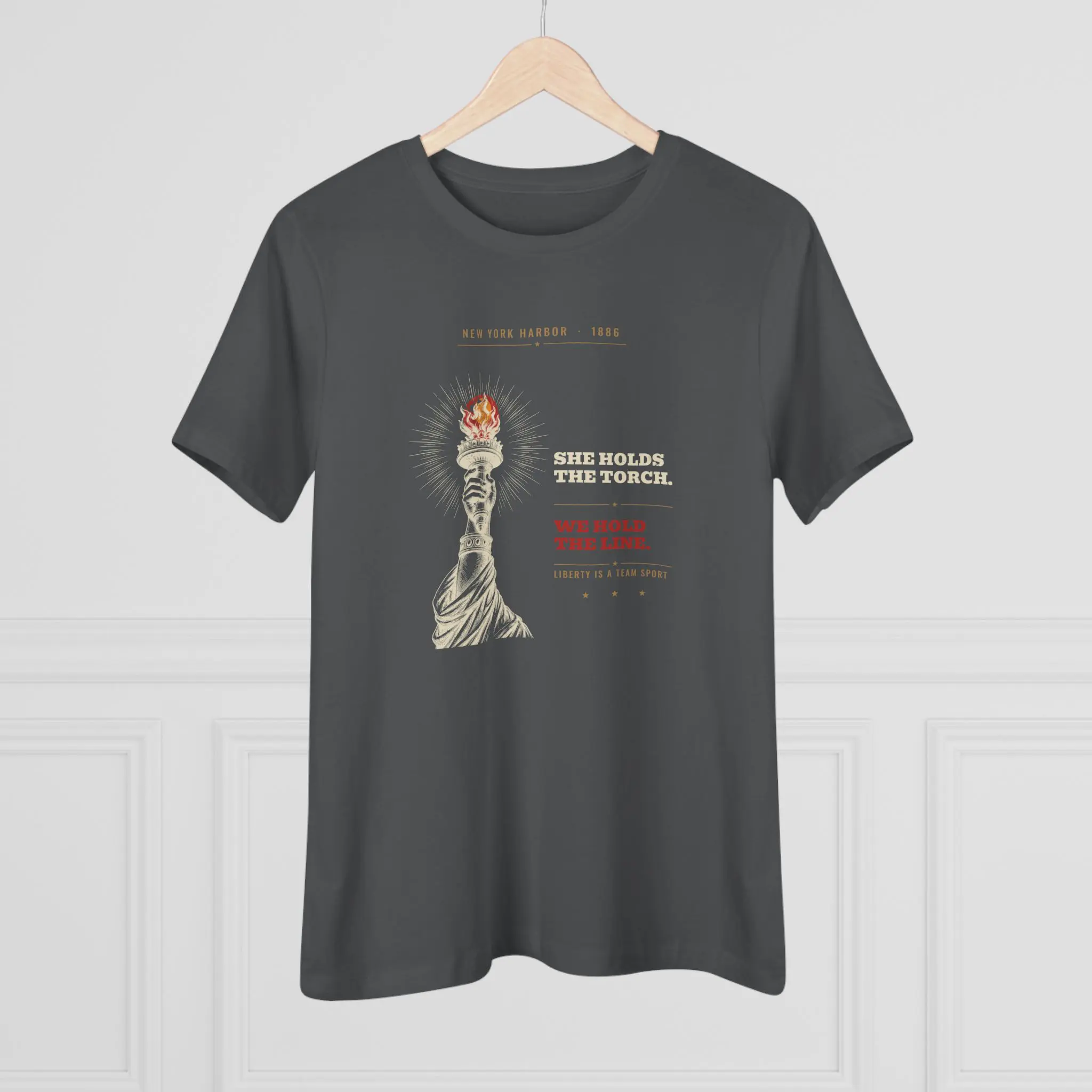 Women's She Holds the Torch. We Hold the Line. Tee | Lady Liberty Patriotic Shirt - Image 8