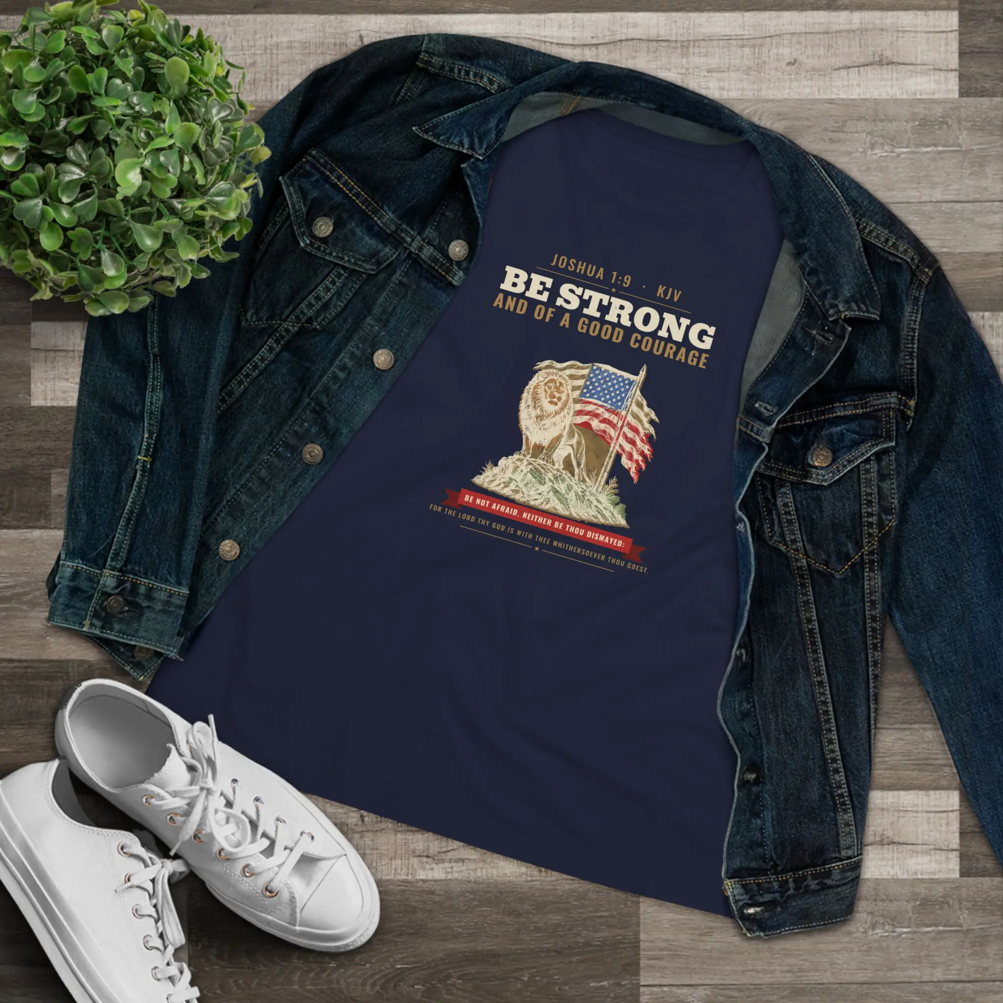 Women's Be Strong and of a Good Courage Tee | Joshua 1:9 Lion and Flag Christian Shirt - Image 11
