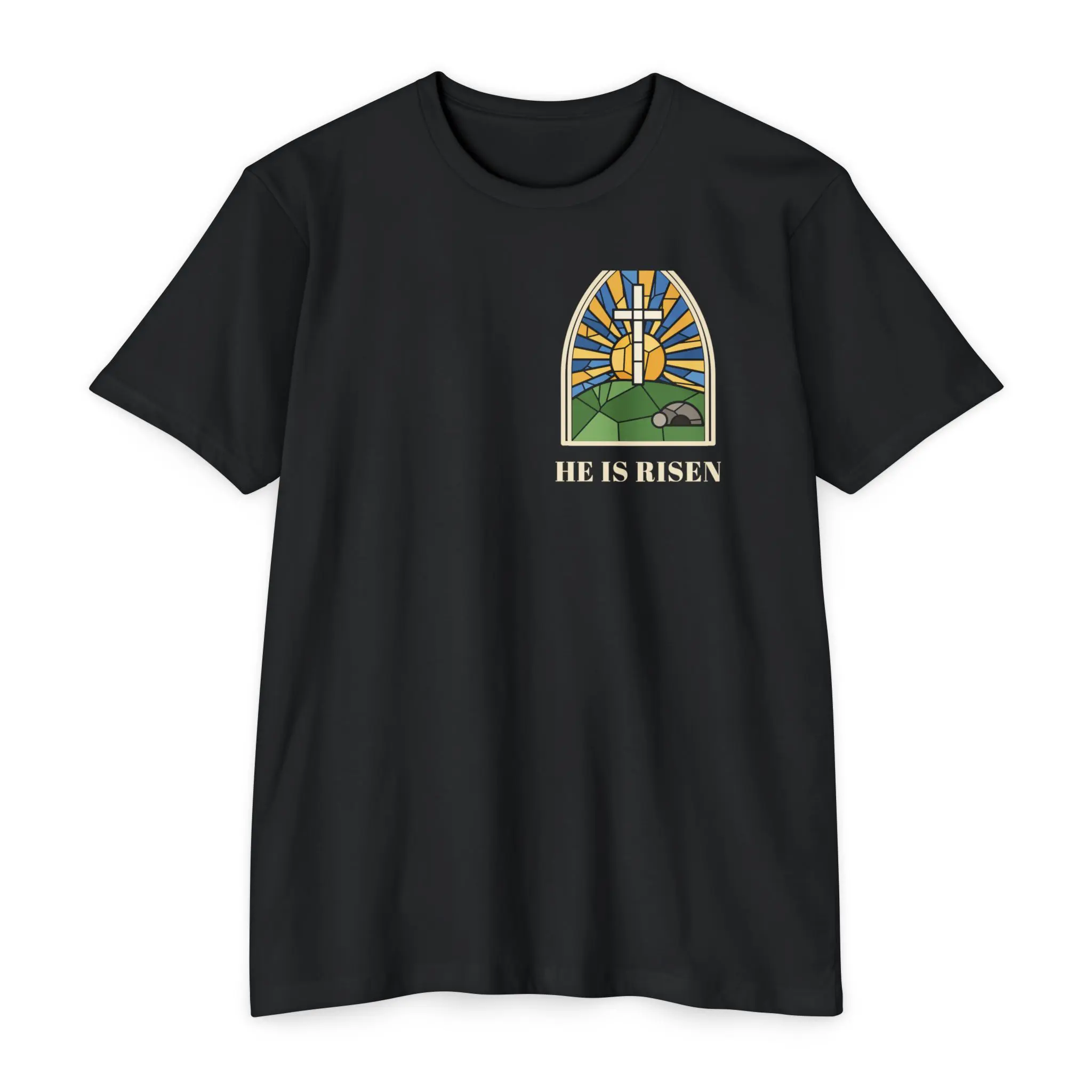 He Is Risen T-Shirt | Stained Glass Empty Tomb Front and Back Tee - Image 17