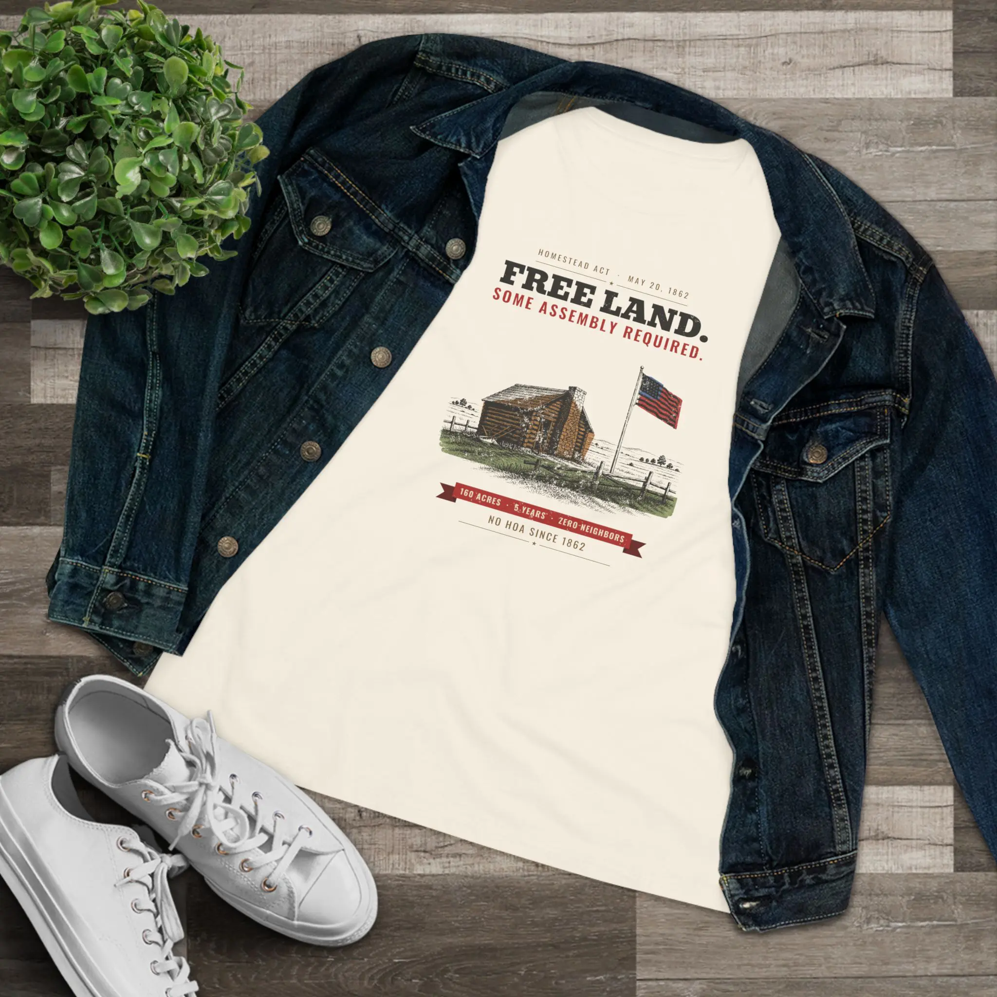 Women's Free Land. Some Assembly Required. Tee | Homestead Act 1862 Log Cabin Funny History Shirt - Image 7
