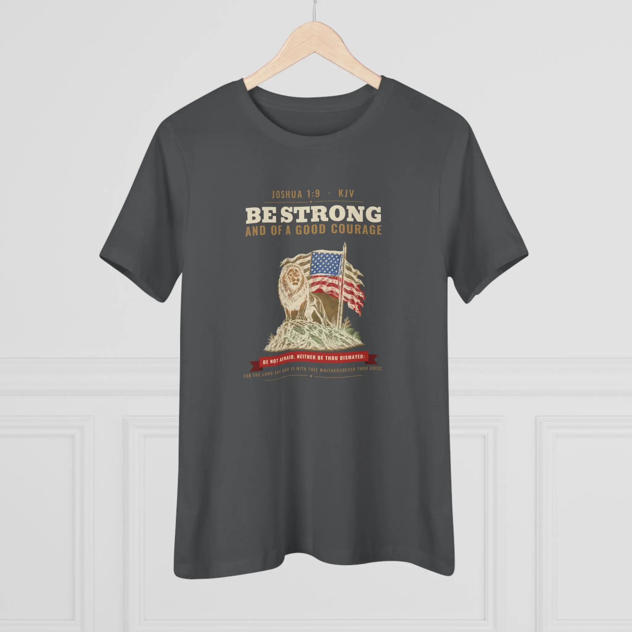 Women's Be Strong and of a Good Courage Tee | Joshua 1:9 Lion and Flag Christian Shirt - Image 8