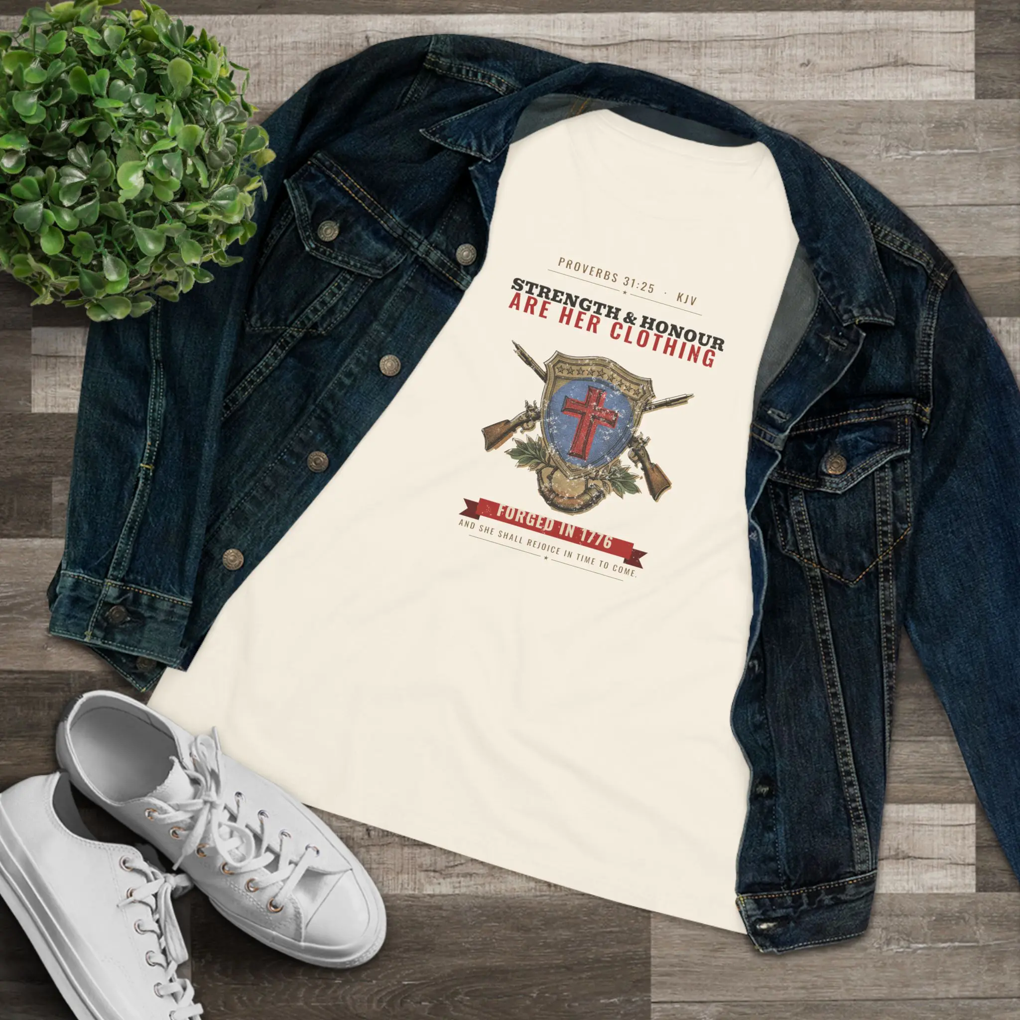 Women's Strength & Honour Are Her Clothing Tee | Proverbs 31:25 Shield Cross and Muskets Christian Shirt - Image 7