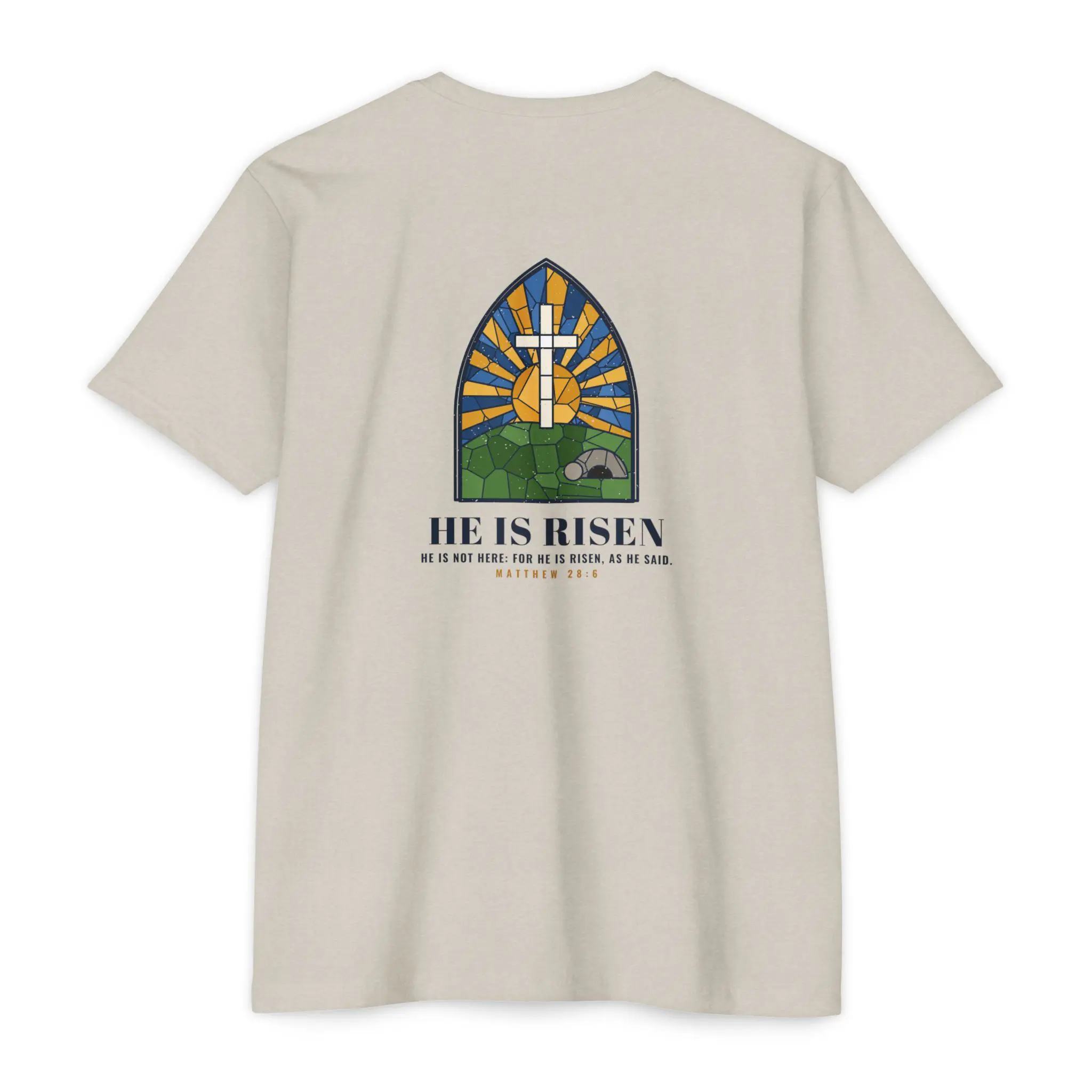 He Is Risen T-Shirt | Stained Glass Empty Tomb Front and Back Tee - Image 6