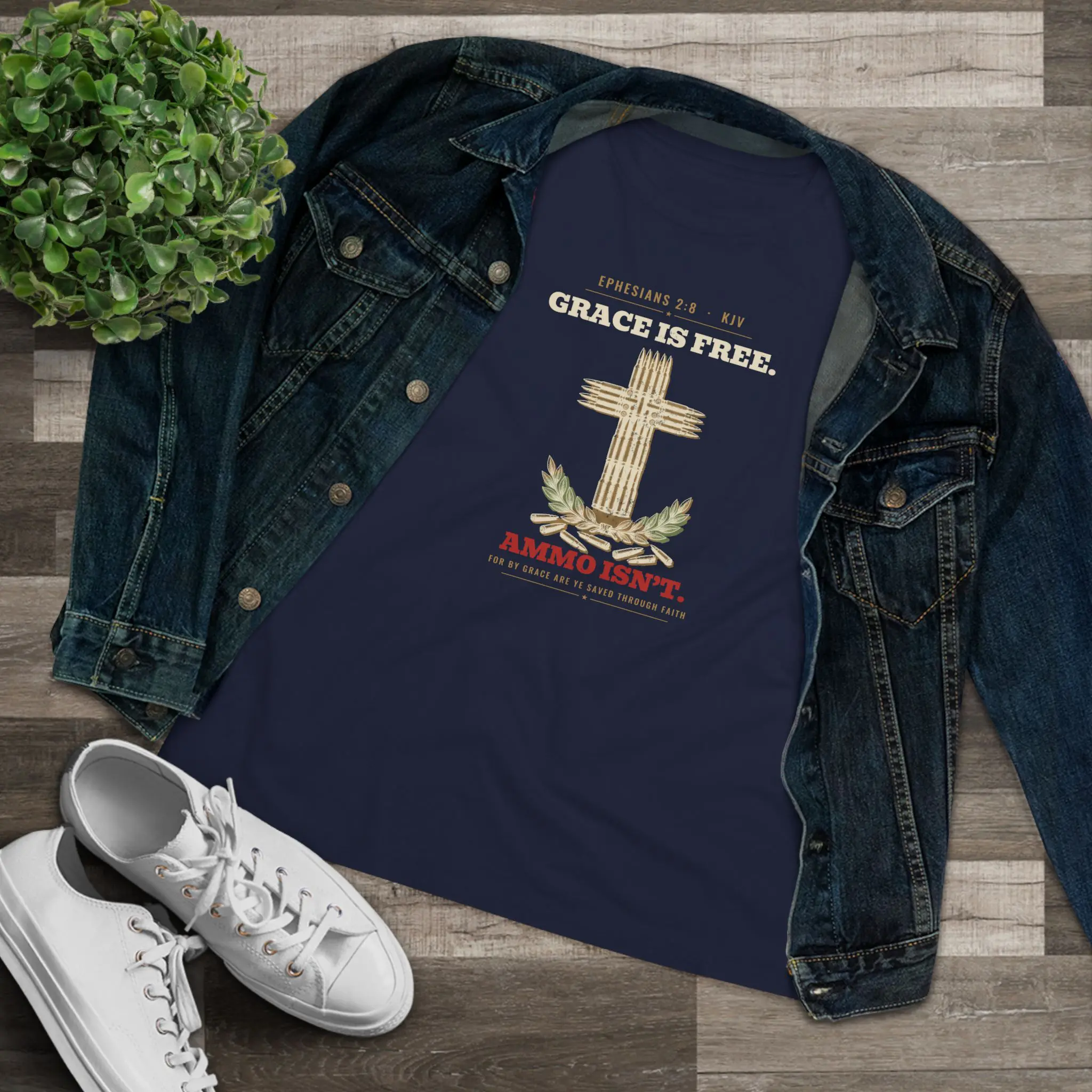 Women's Grace Is Free. Ammo Isn't. Tee | Ephesians 2:8 Cartridge Cross Christian 2A Shirt - Image 11