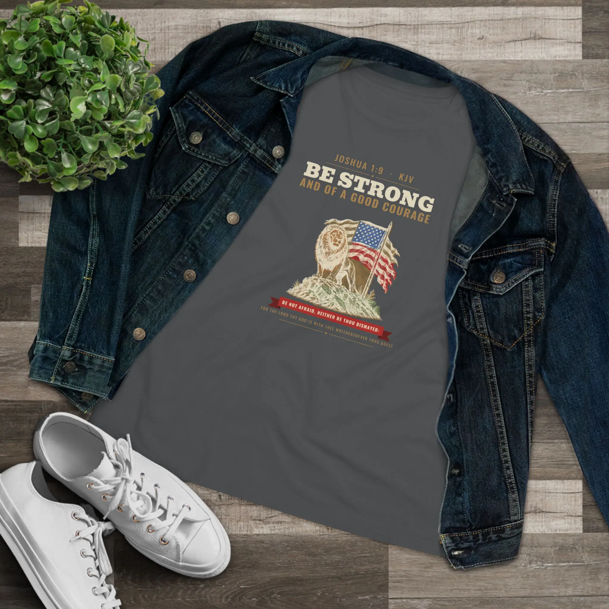 Women's Be Strong and of a Good Courage Tee | Joshua 1:9 Lion and Flag Christian Shirt - Image 7