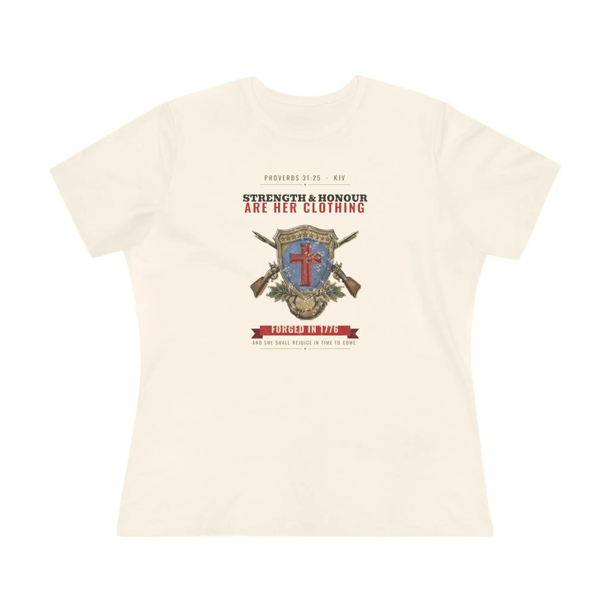 Women's Strength & Honour Are Her Clothing Tee | Proverbs 31:25 Shield Cross and Muskets Christian Shirt - Image 5