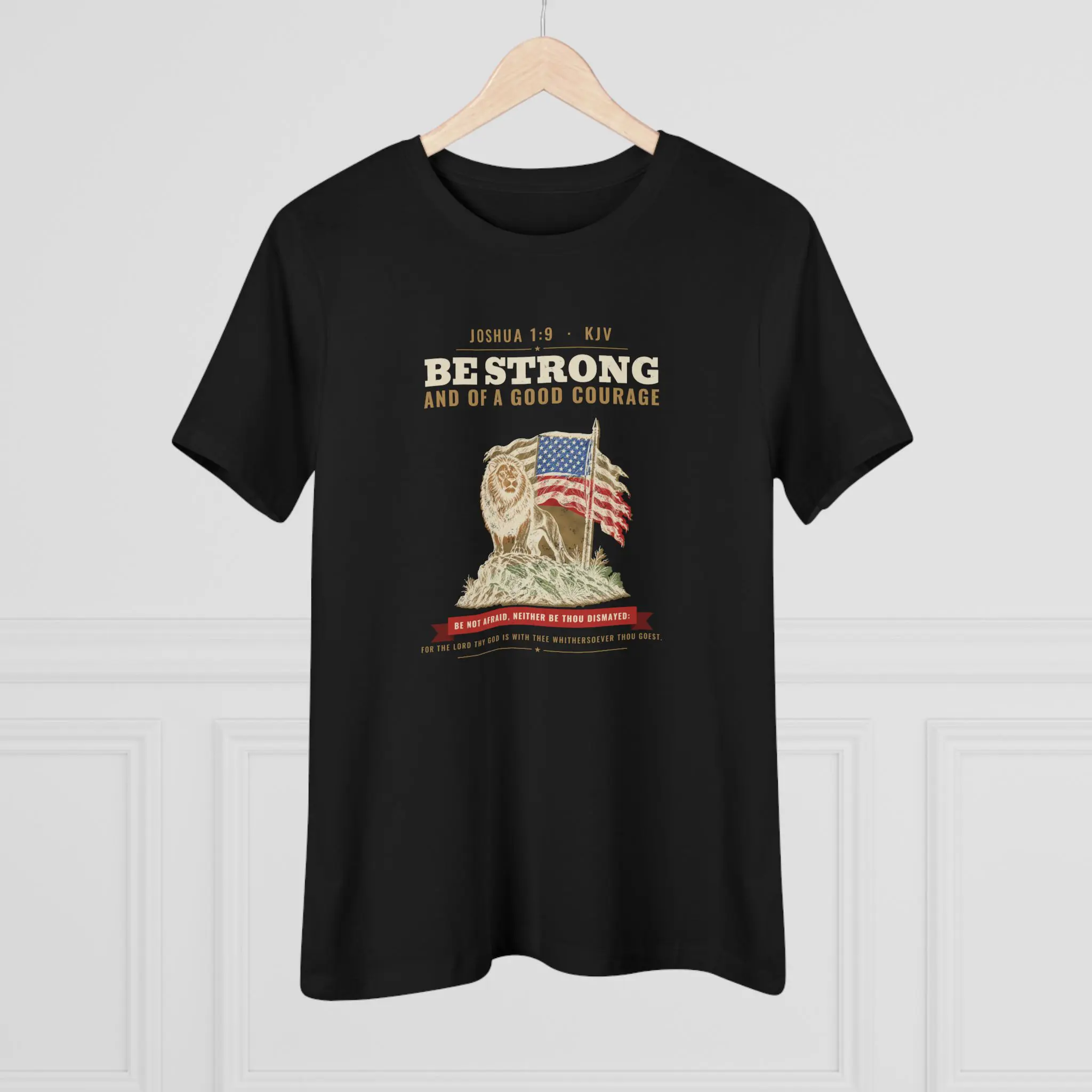 Women's Be Strong and of a Good Courage Tee | Joshua 1:9 Lion and Flag Christian Shirt - Image 4