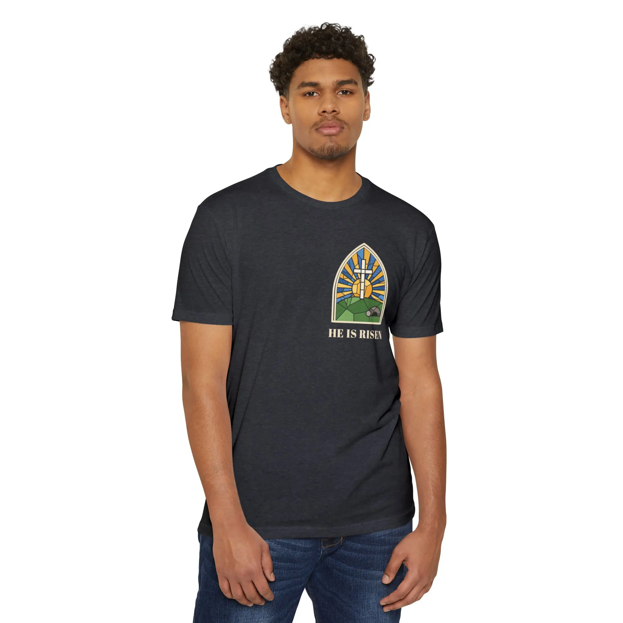 He Is Risen T-Shirt | Stained Glass Empty Tomb Front and Back Tee - Image 15