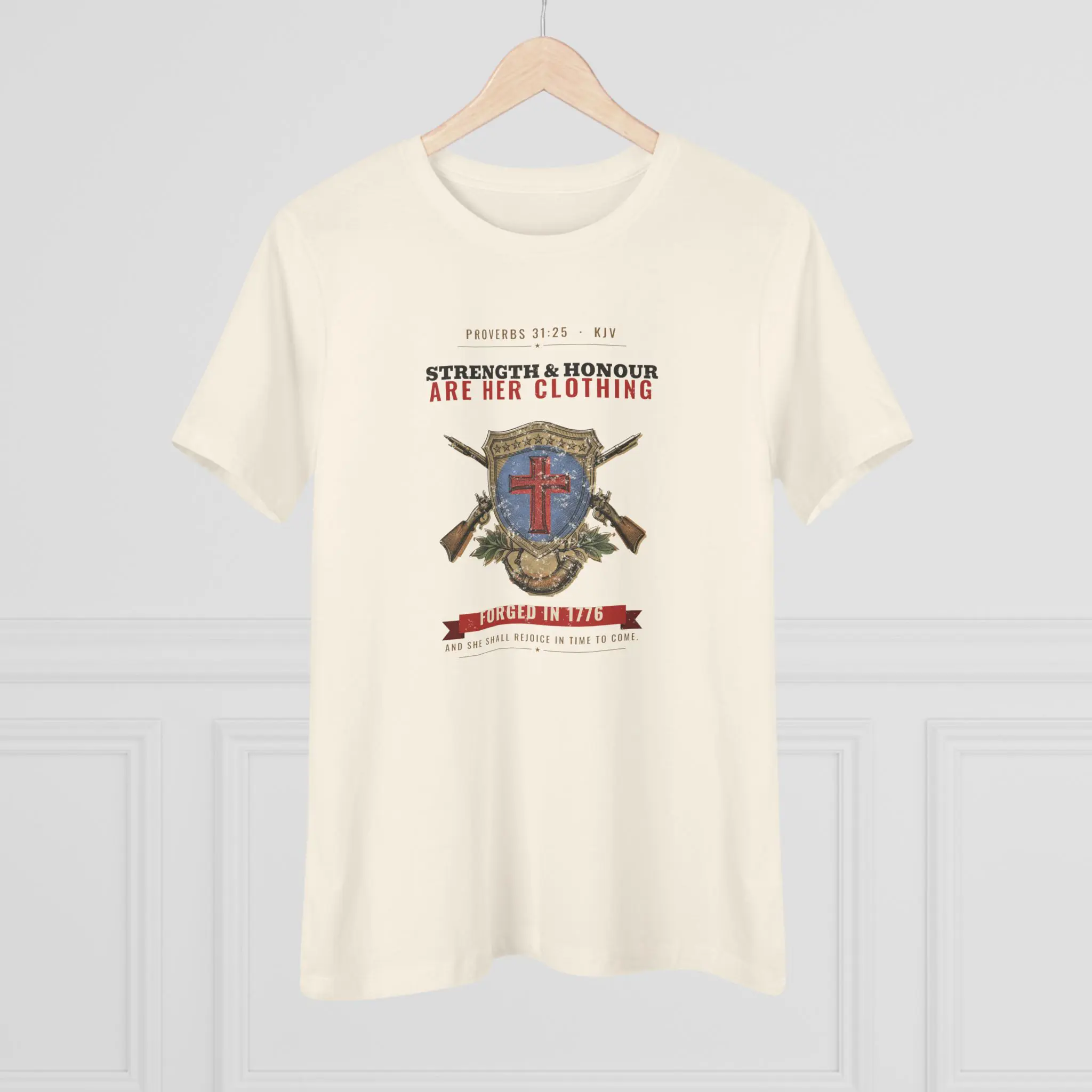 Women's Strength & Honour Are Her Clothing Tee | Proverbs 31:25 Shield Cross and Muskets Christian Shirt - Image 8