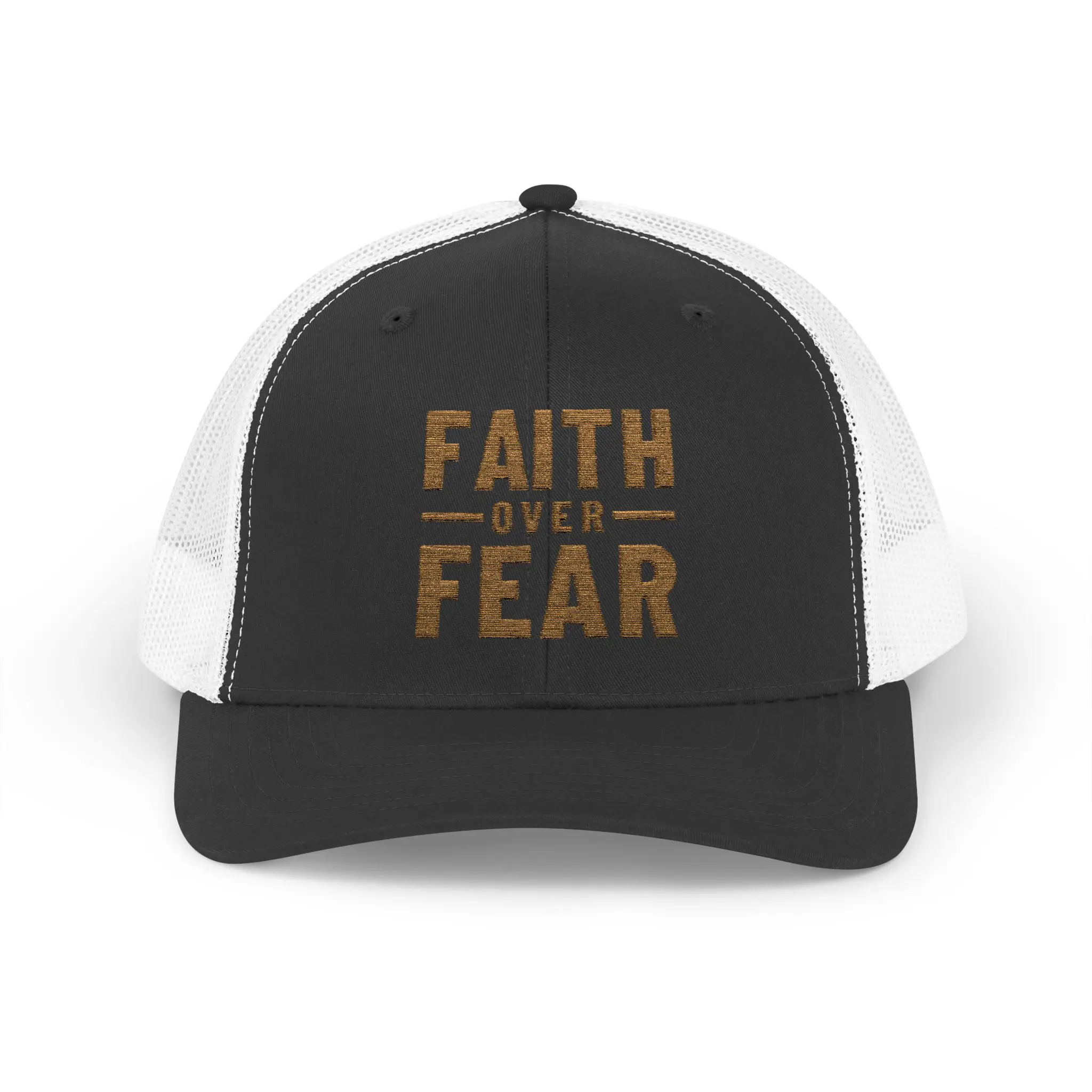 Faith Over Fear Trucker Hat | Gold Embroidered Christian Snapback - Image 5