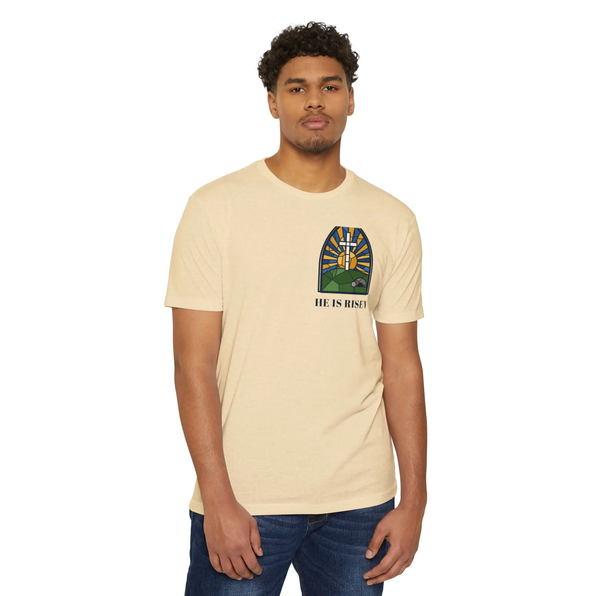 He Is Risen T-Shirt | Stained Glass Empty Tomb Front and Back Tee - Image 3