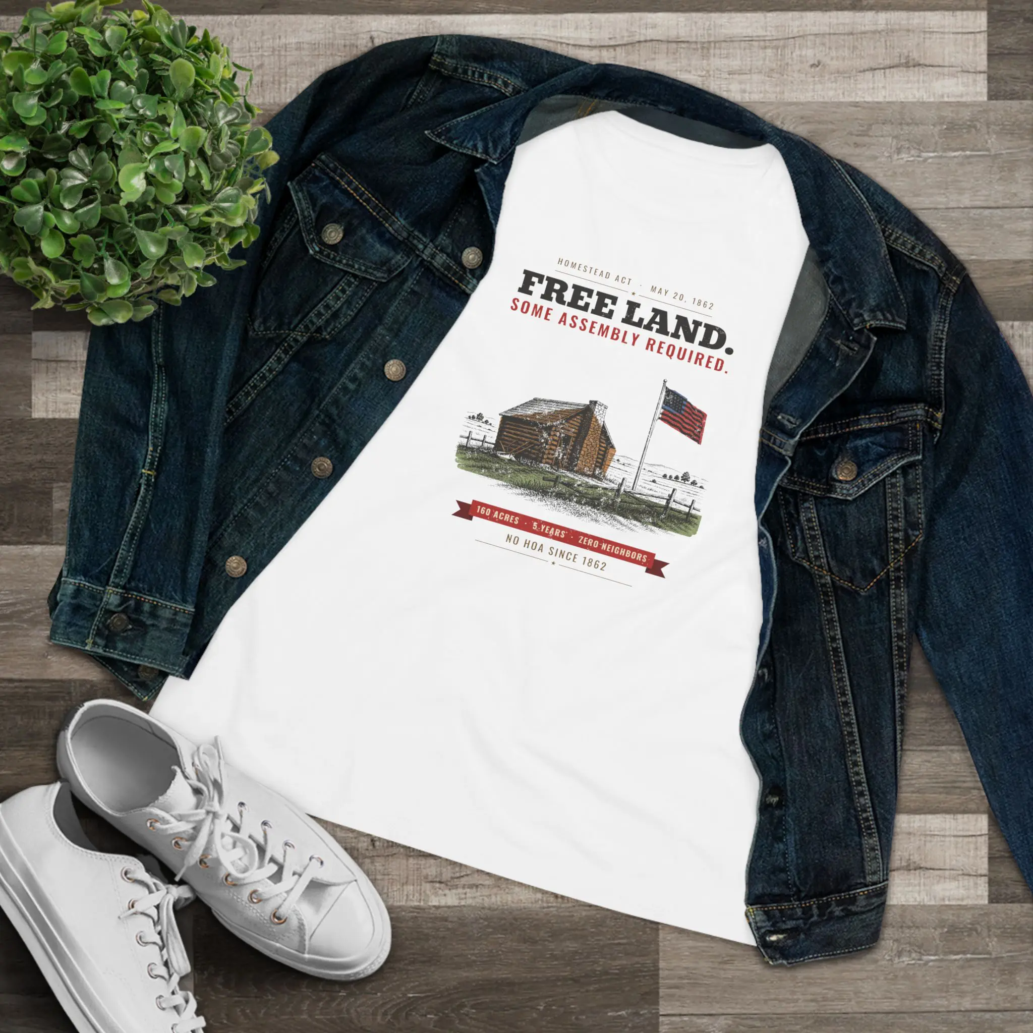 Women's Free Land. Some Assembly Required. Tee | Homestead Act 1862 Log Cabin Funny History Shirt - Image 3
