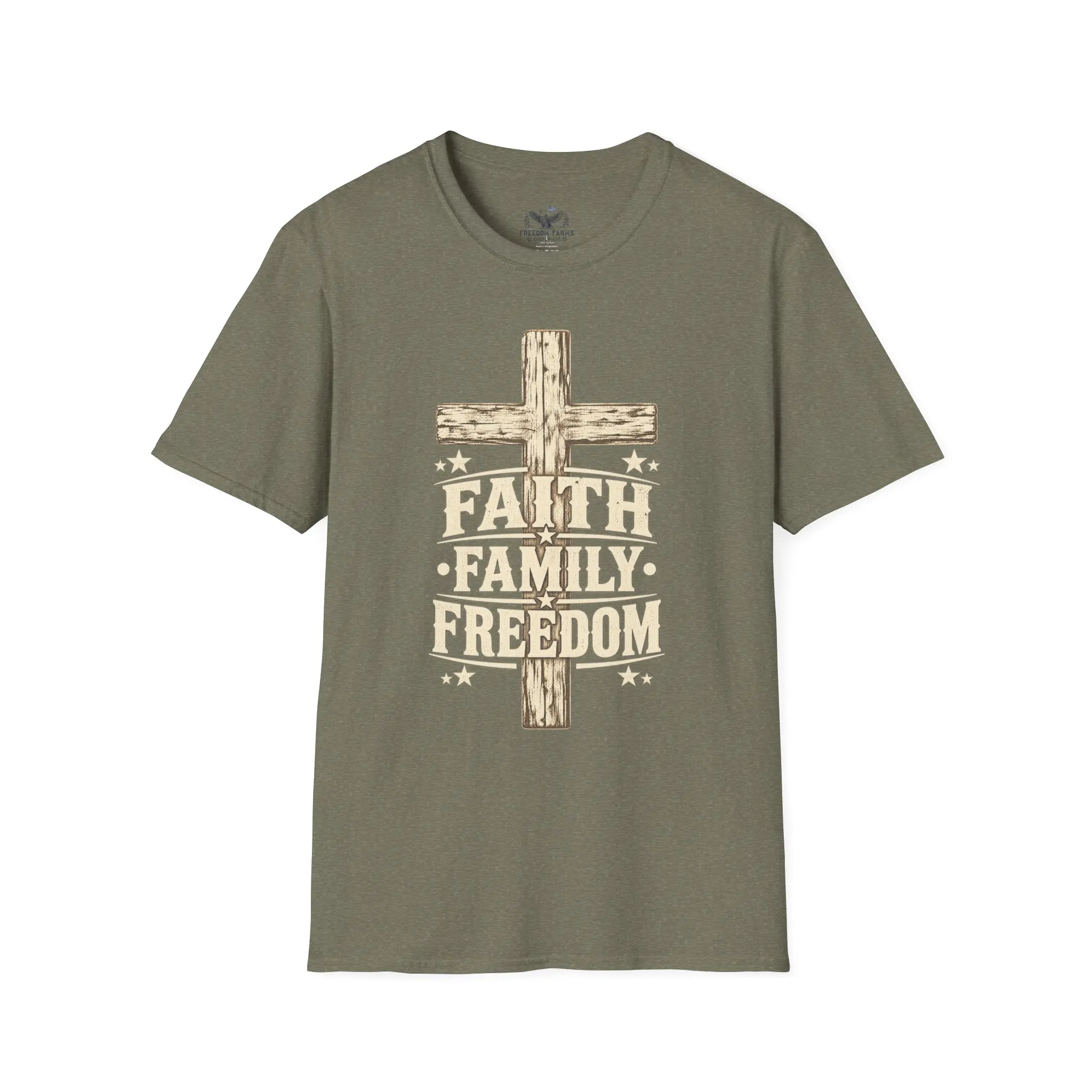 Faith Family Freedom T-Shirt | Rustic Wooden Cross Christian Patriot Tee - Image 5