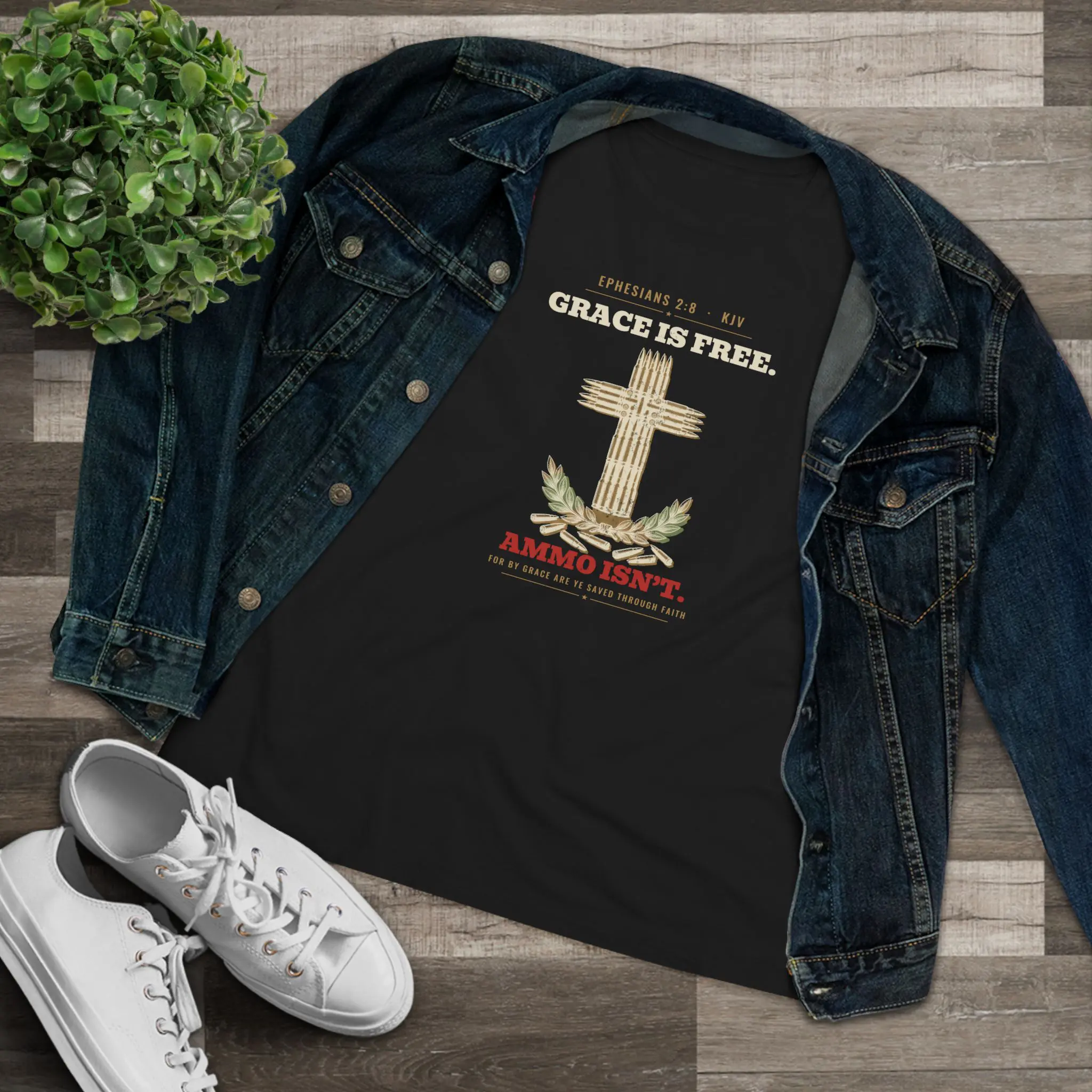 Women's Grace Is Free. Ammo Isn't. Tee | Ephesians 2:8 Cartridge Cross Christian 2A Shirt - Image 3