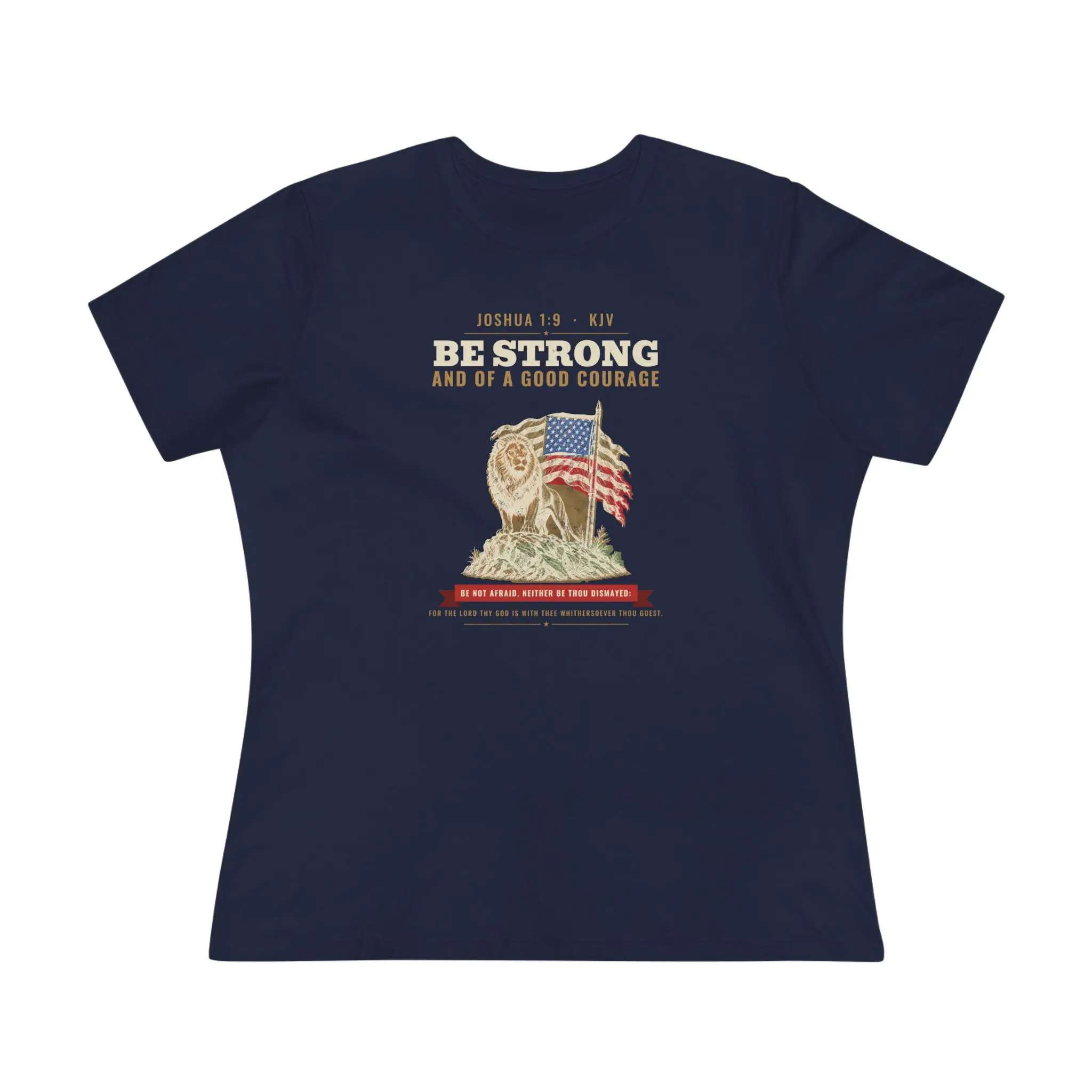 Women's Be Strong and of a Good Courage Tee | Joshua 1:9 Lion and Flag Christian Shirt - Image 9