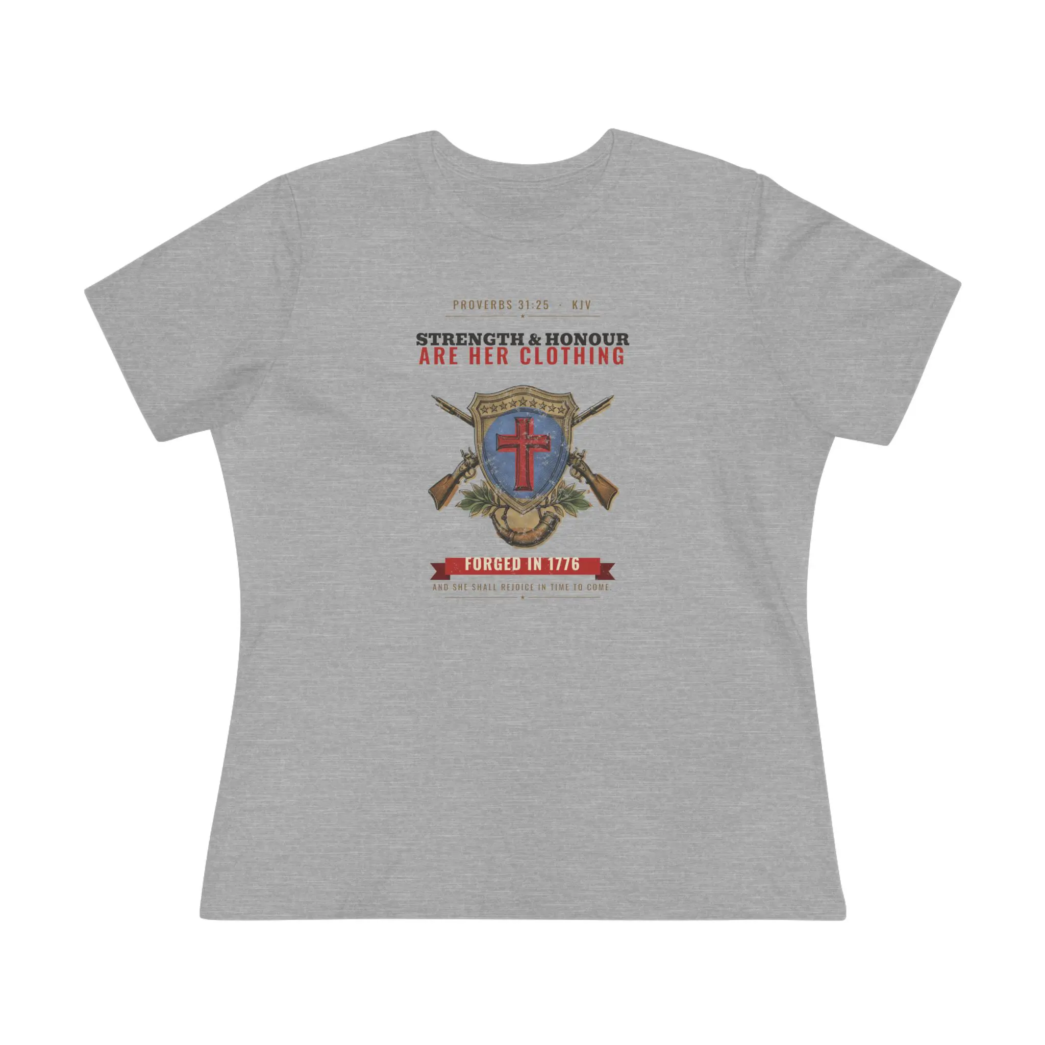 Women's Strength & Honour Are Her Clothing Tee | Proverbs 31:25 Shield Cross and Muskets Christian Shirt - Image 9