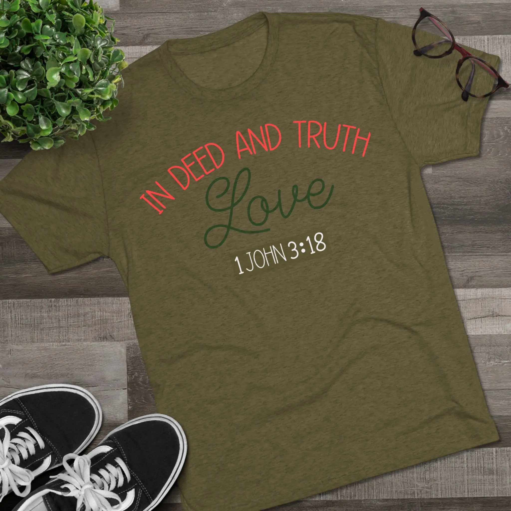 Love in Deed and Truth 1 John 3:18 Tee | Christian Bible Verse Tri-Blend - Image 3