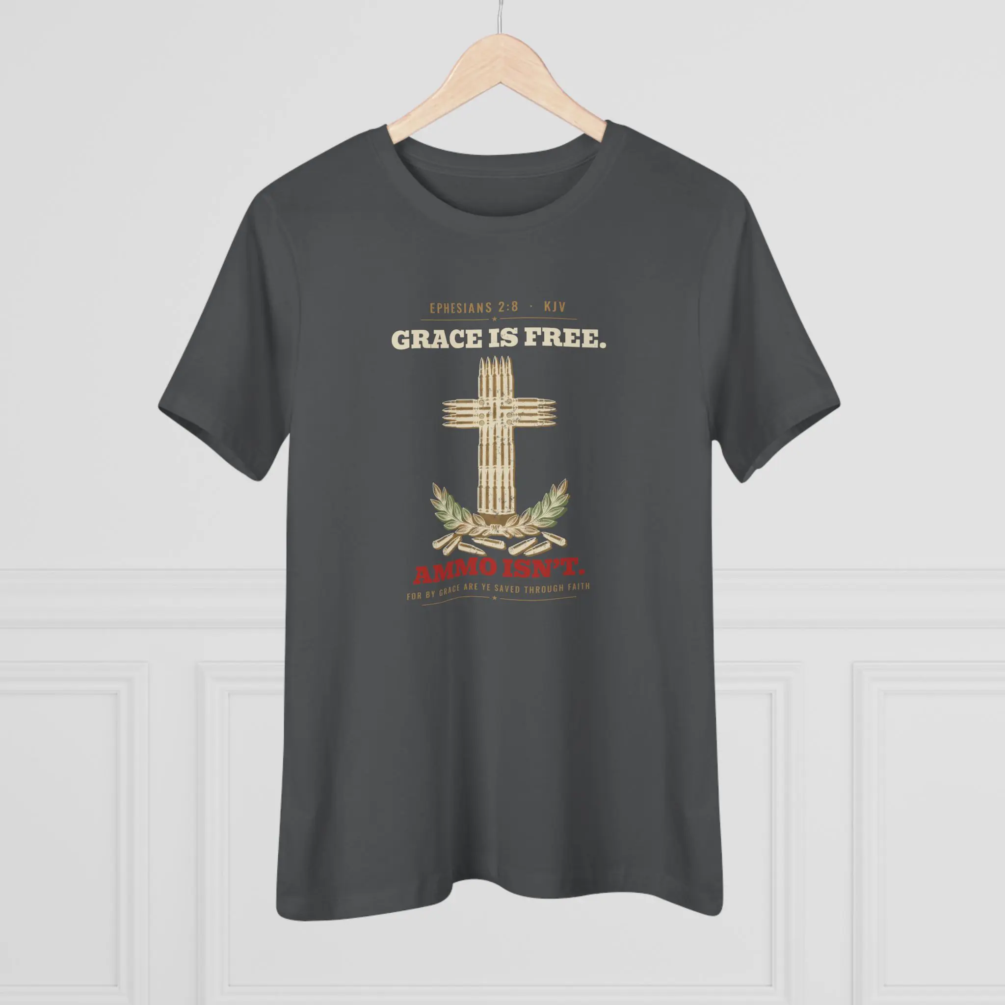 Women's Grace Is Free. Ammo Isn't. Tee | Ephesians 2:8 Cartridge Cross Christian 2A Shirt - Image 8