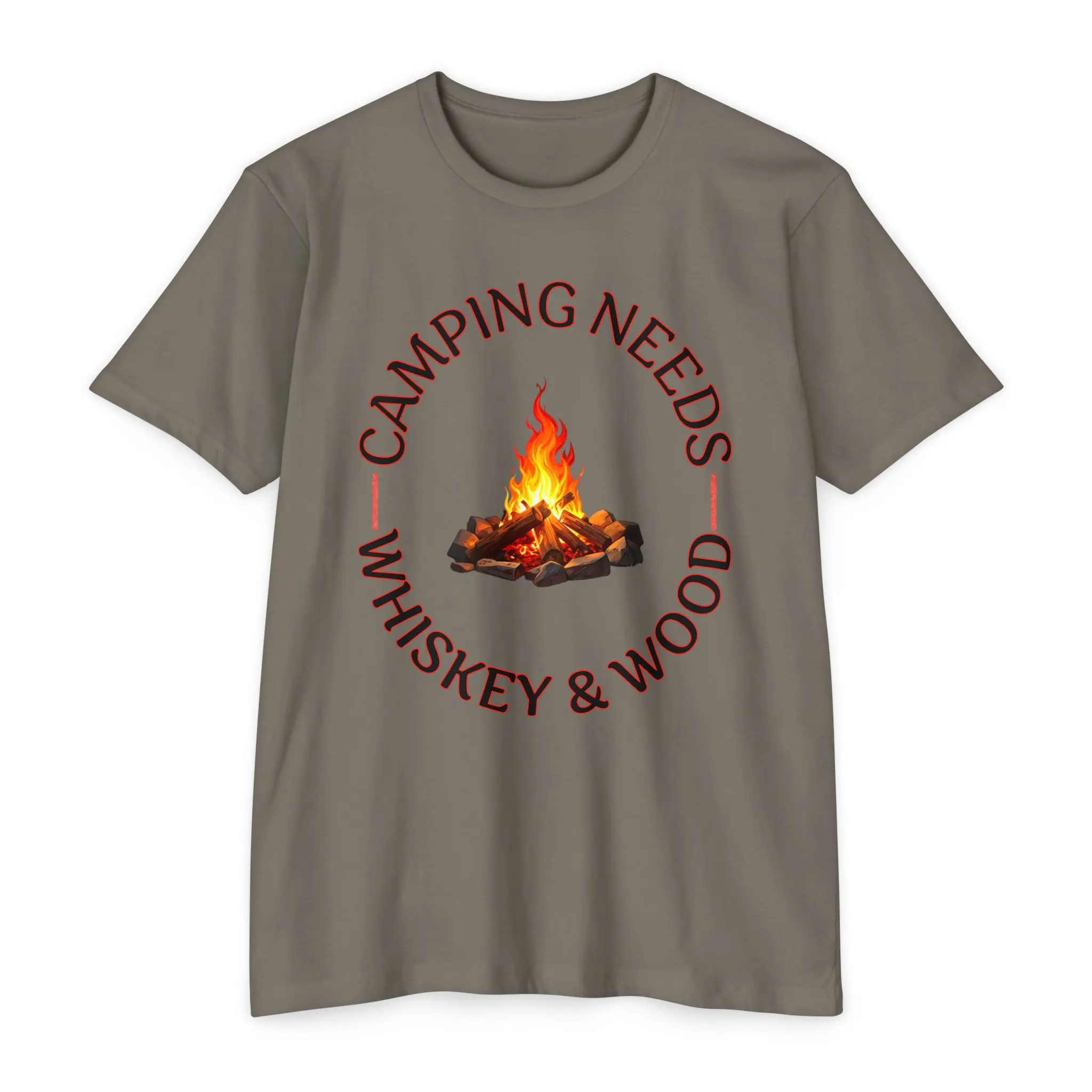 Camping Needs Whiskey and Wood T-Shirt | Funny Campfire Graphic Tee