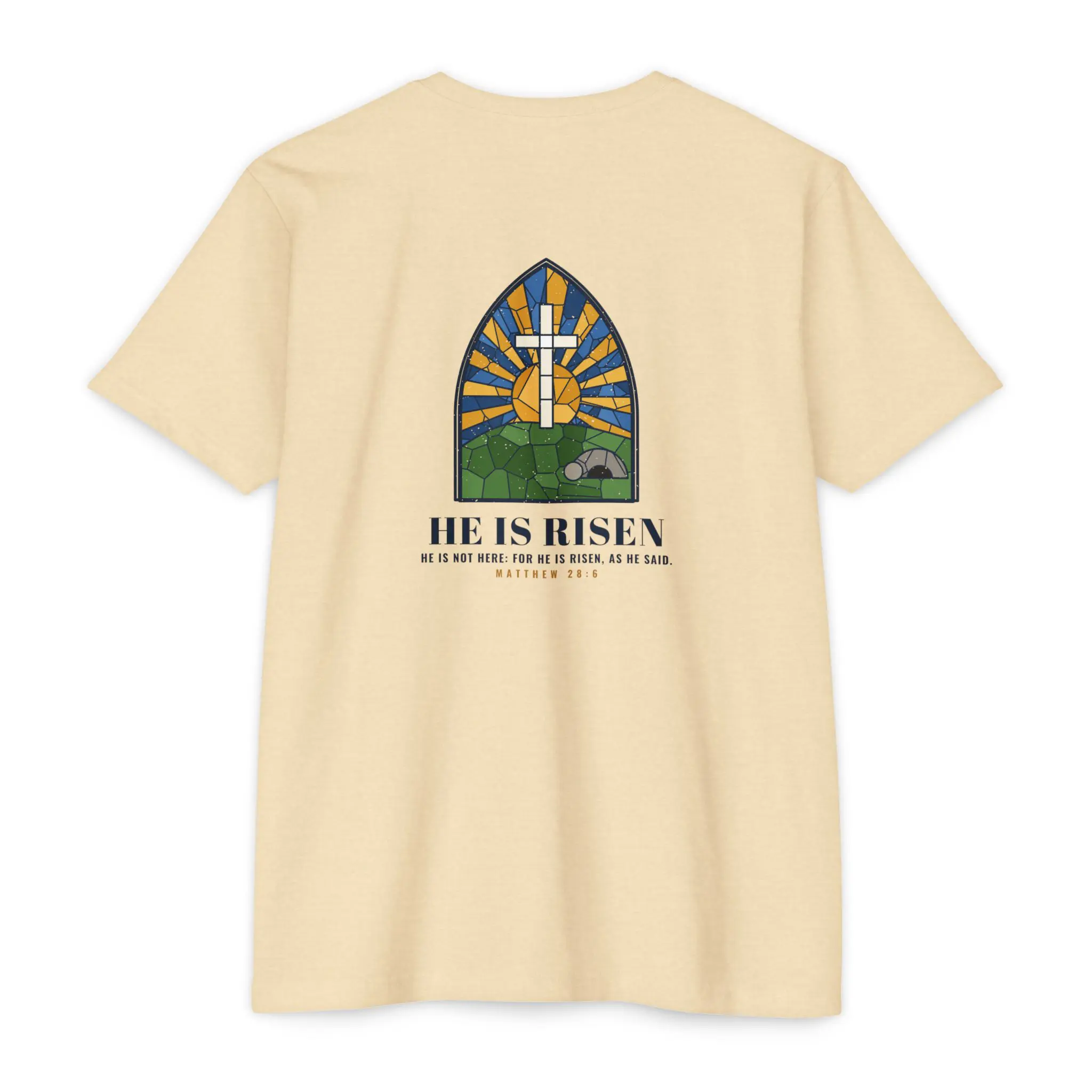 He Is Risen T-Shirt | Stained Glass Empty Tomb Front and Back Tee - Image 2