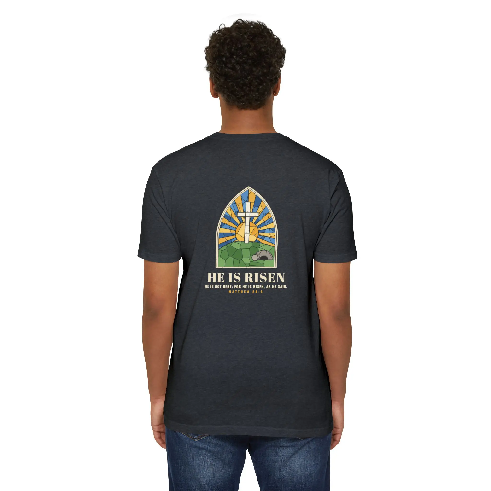 He Is Risen T-Shirt | Stained Glass Empty Tomb Front and Back Tee - Image 16