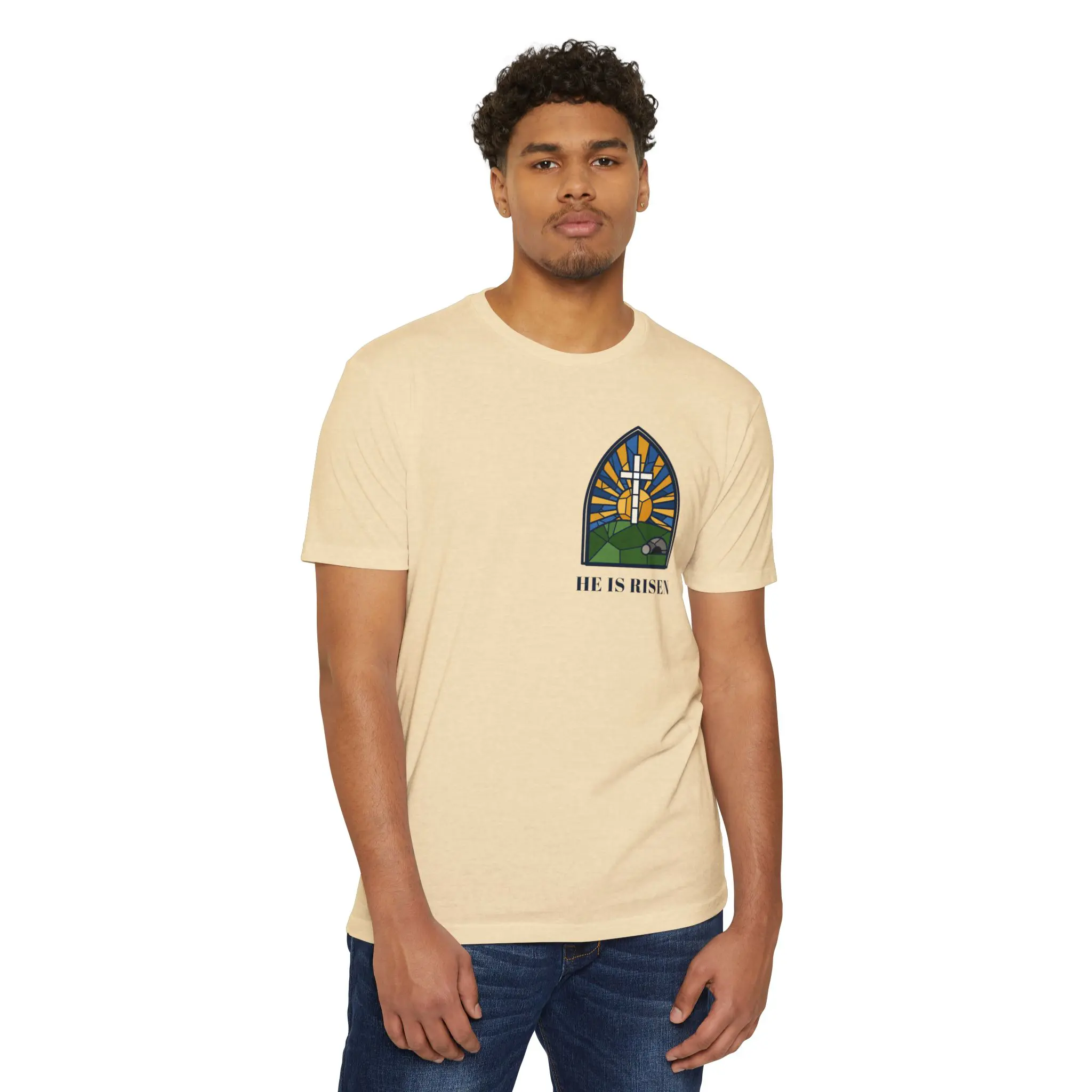 He Is Risen T-Shirt | Stained Glass Empty Tomb Front and Back Tee - Image 3