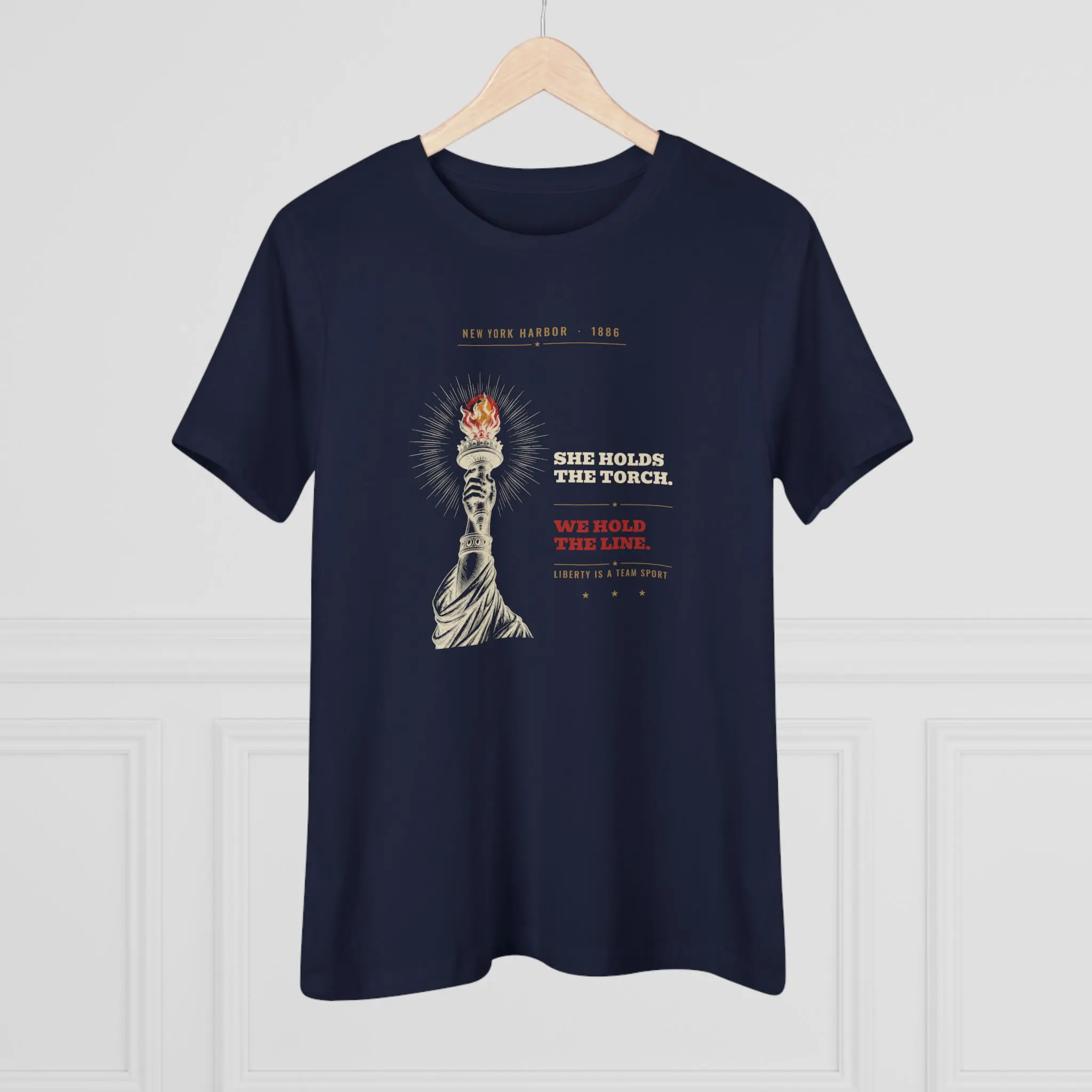 Women's She Holds the Torch. We Hold the Line. Tee | Lady Liberty Patriotic Shirt - Image 12