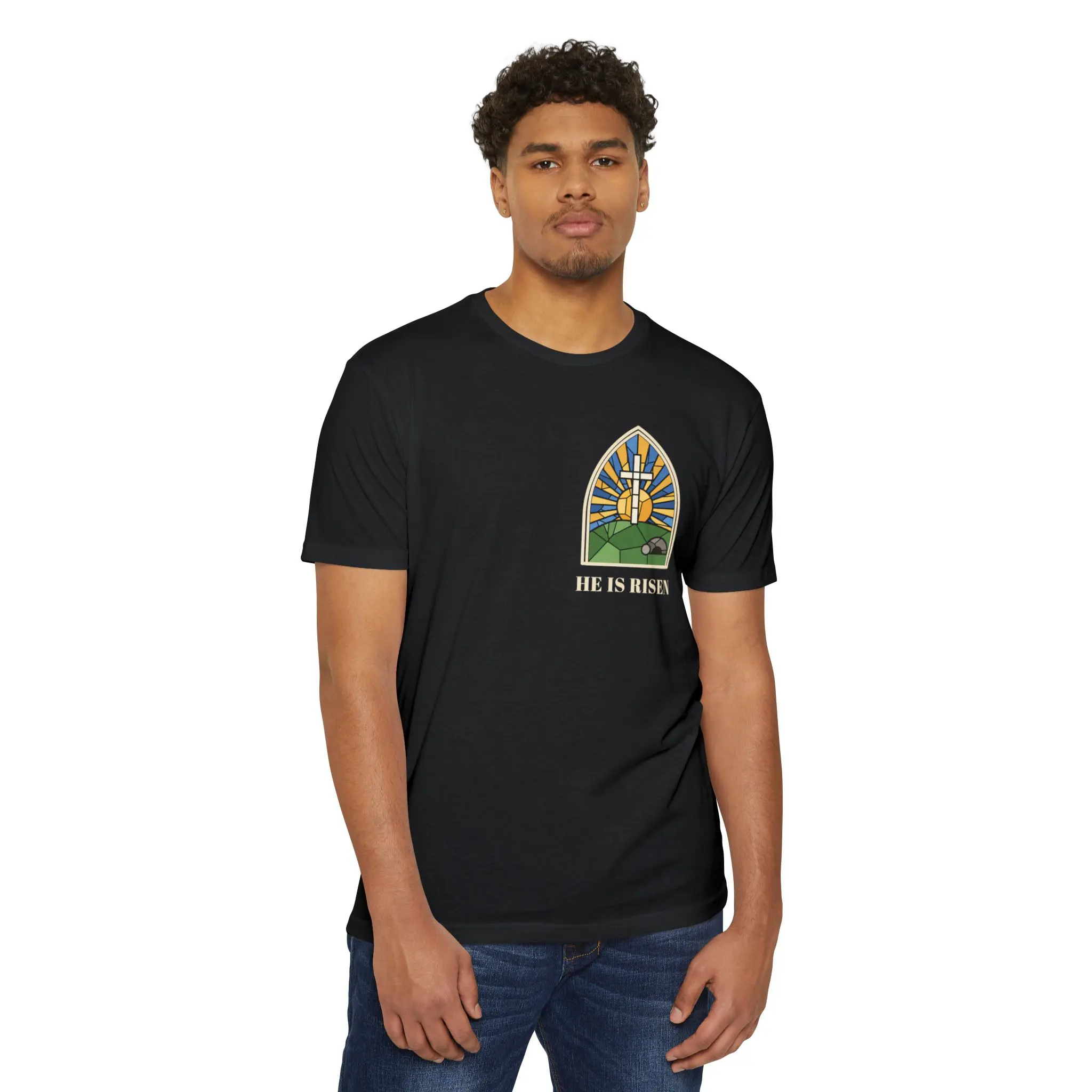He Is Risen T-Shirt | Stained Glass Empty Tomb Front and Back Tee - Image 19