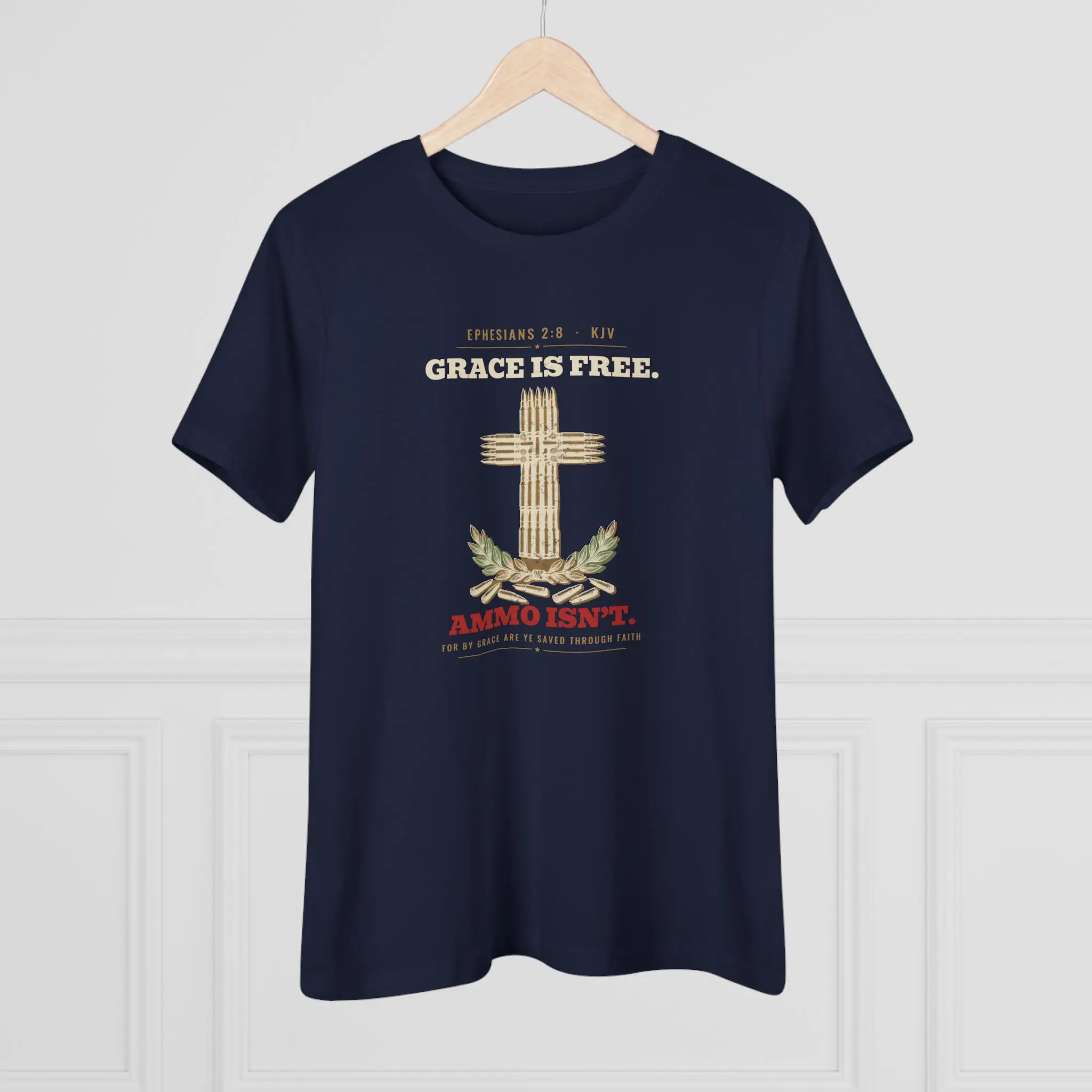 Women's Grace Is Free. Ammo Isn't. Tee | Ephesians 2:8 Cartridge Cross Christian 2A Shirt - Image 12