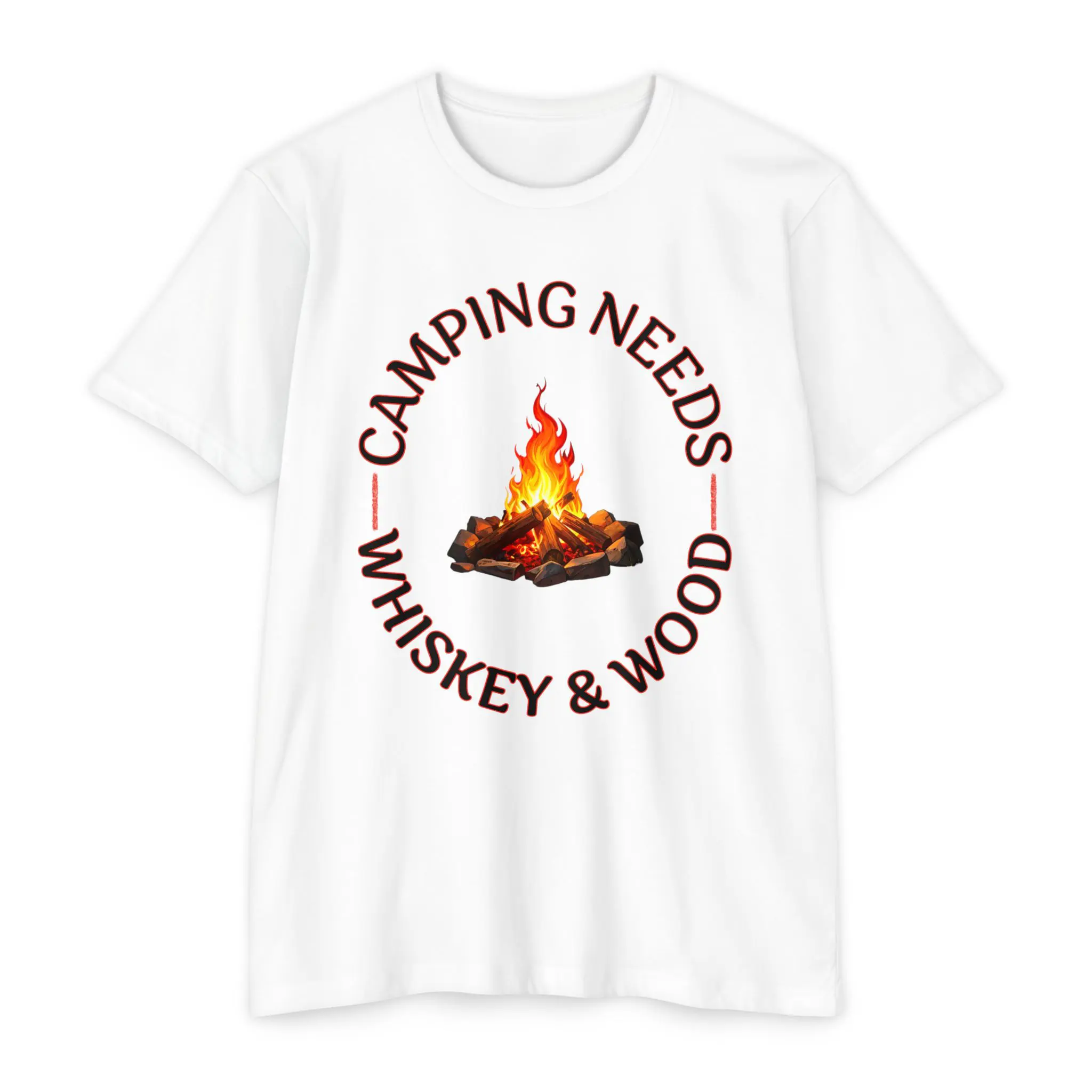 Camping Needs Whiskey and Wood T-Shirt | Funny Campfire Graphic Tee - Image 17