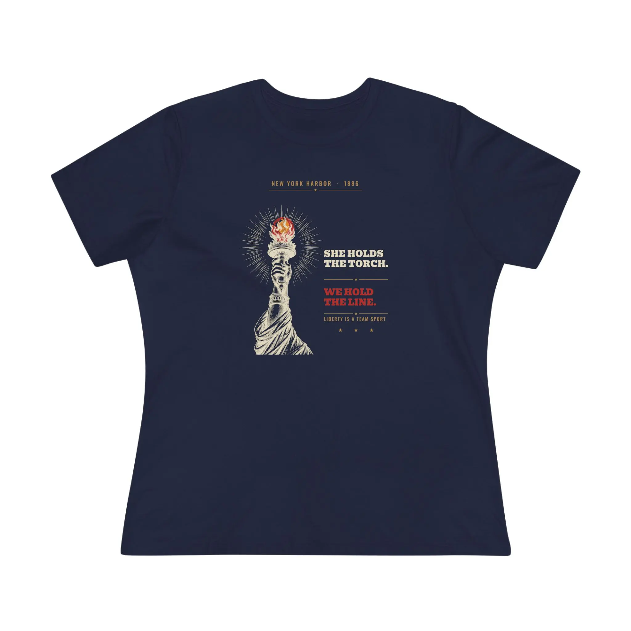 Women's She Holds the Torch. We Hold the Line. Tee | Lady Liberty Patriotic Shirt - Image 9