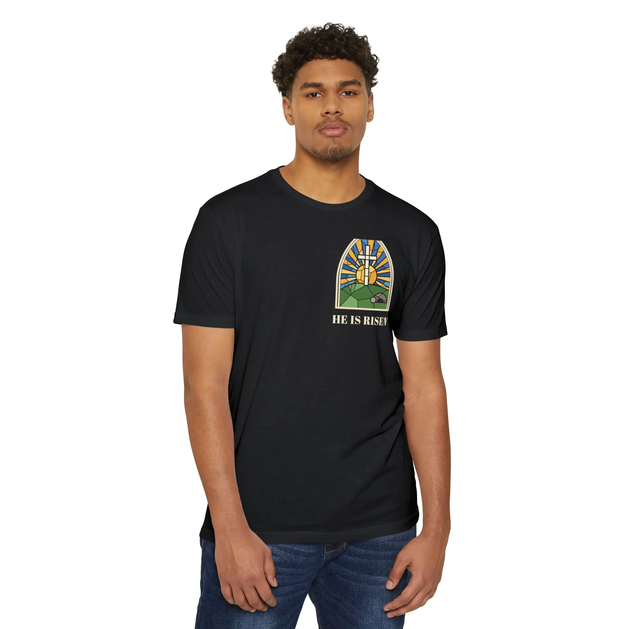 He Is Risen T-Shirt | Stained Glass Empty Tomb Front and Back Tee - Image 19