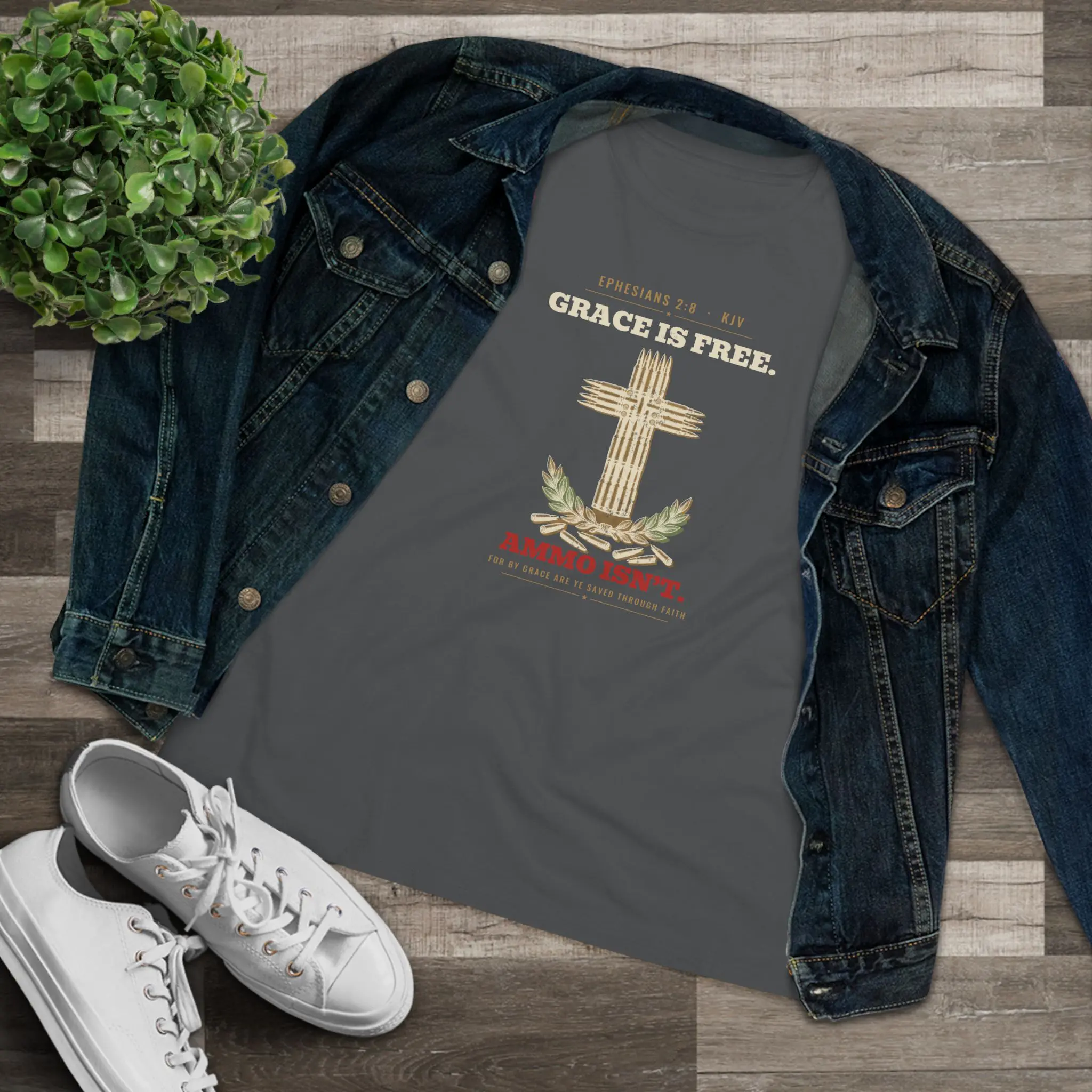 Women's Grace Is Free. Ammo Isn't. Tee | Ephesians 2:8 Cartridge Cross Christian 2A Shirt - Image 7