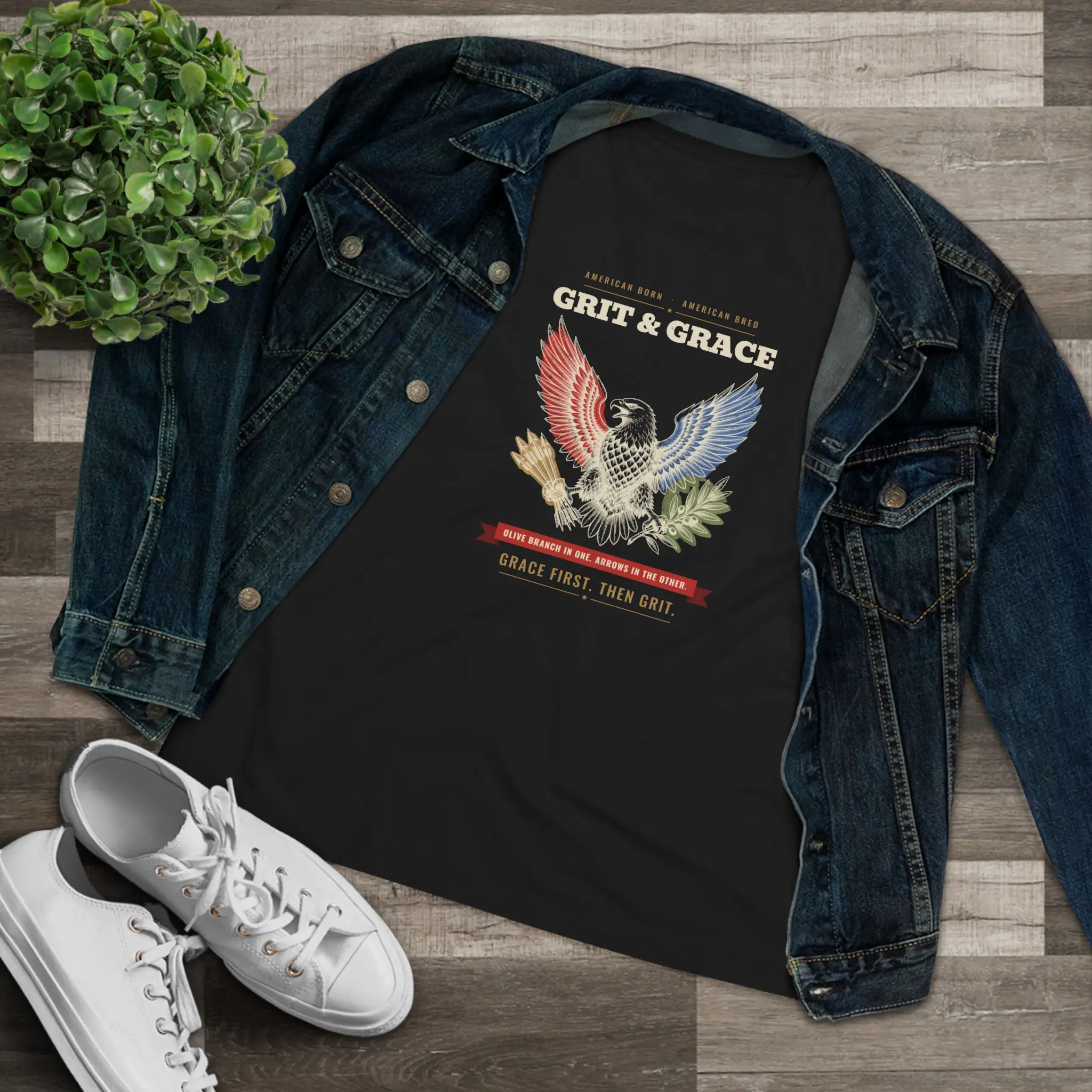 Women's Grit & Grace Eagle Tee | Patriotic American Eagle Olive Branch and Arrows Shirt - Image 3