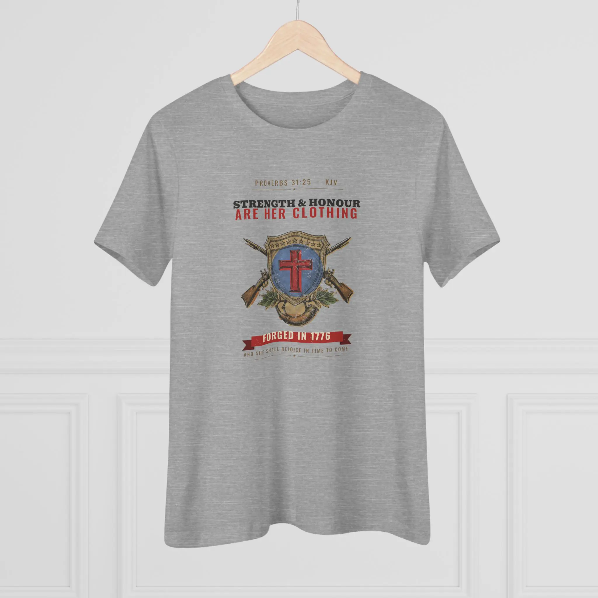 Women's Strength & Honour Are Her Clothing Tee | Proverbs 31:25 Shield Cross and Muskets Christian Shirt - Image 12