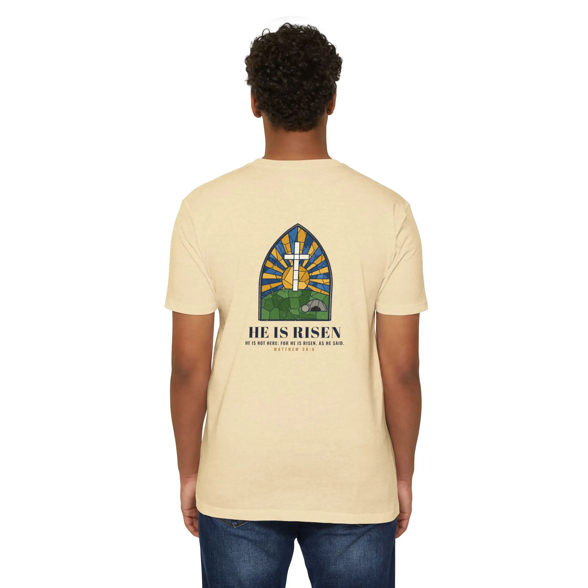 He Is Risen T-Shirt | Stained Glass Empty Tomb Front and Back Tee - Image 4