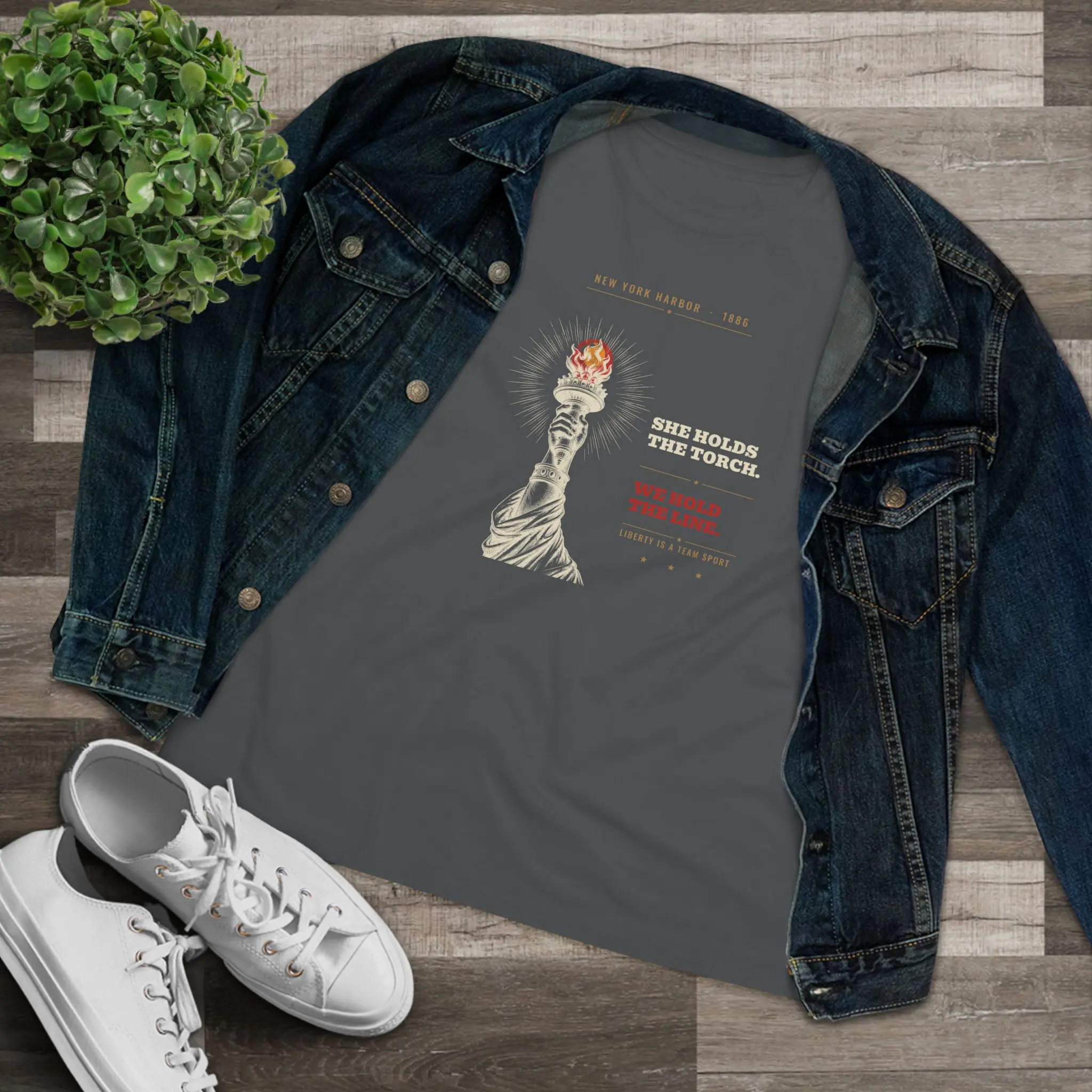 Women's She Holds the Torch. We Hold the Line. Tee | Lady Liberty Patriotic Shirt - Image 7