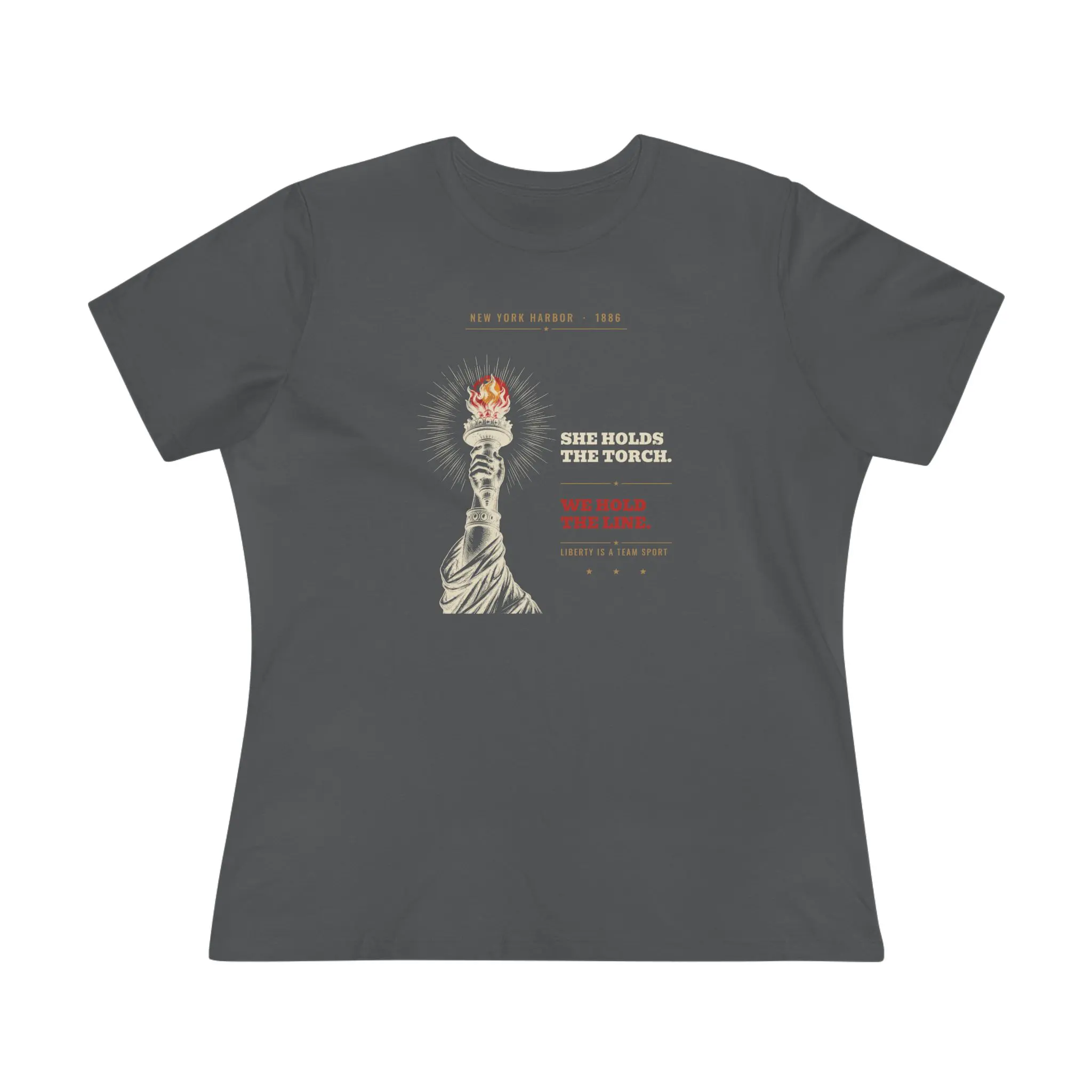Women's She Holds the Torch. We Hold the Line. Tee | Lady Liberty Patriotic Shirt - Image 5