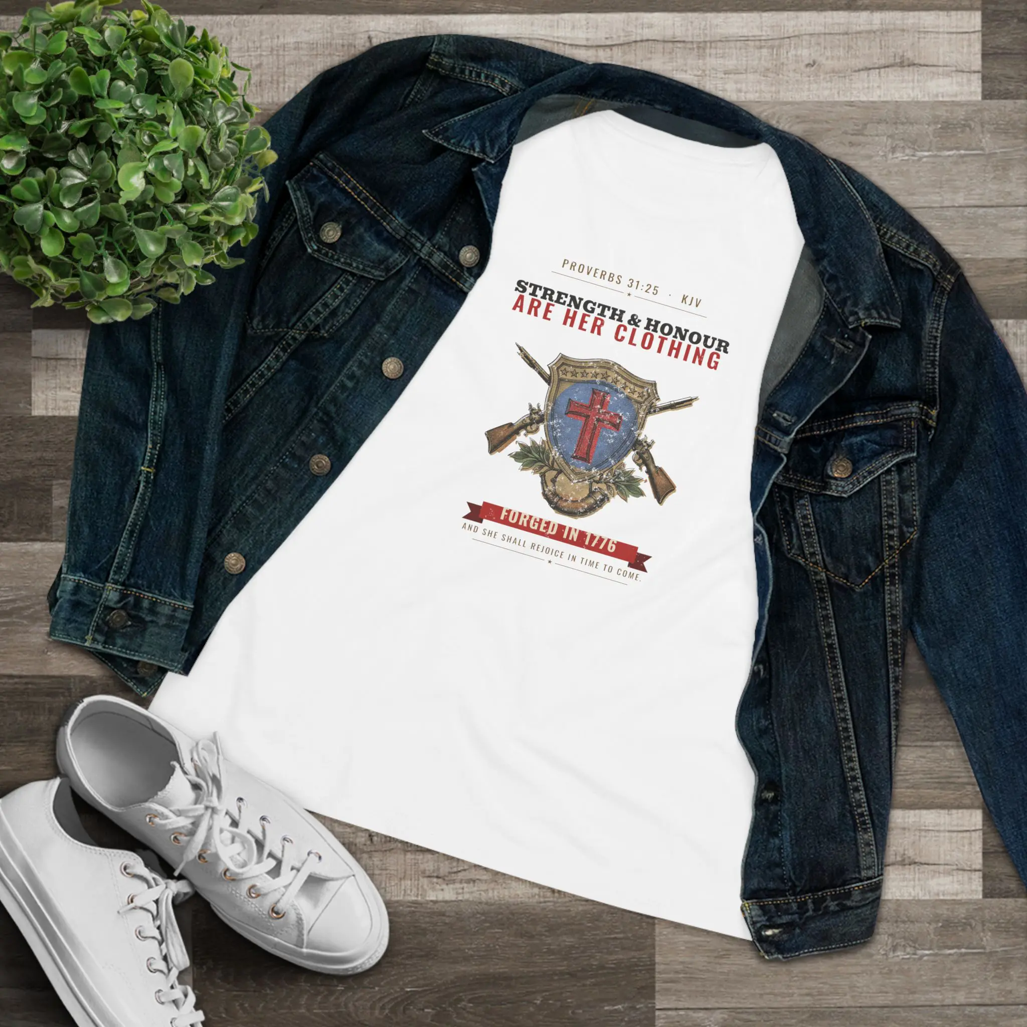 Women's Strength & Honour Are Her Clothing Tee | Proverbs 31:25 Shield Cross and Muskets Christian Shirt - Image 3