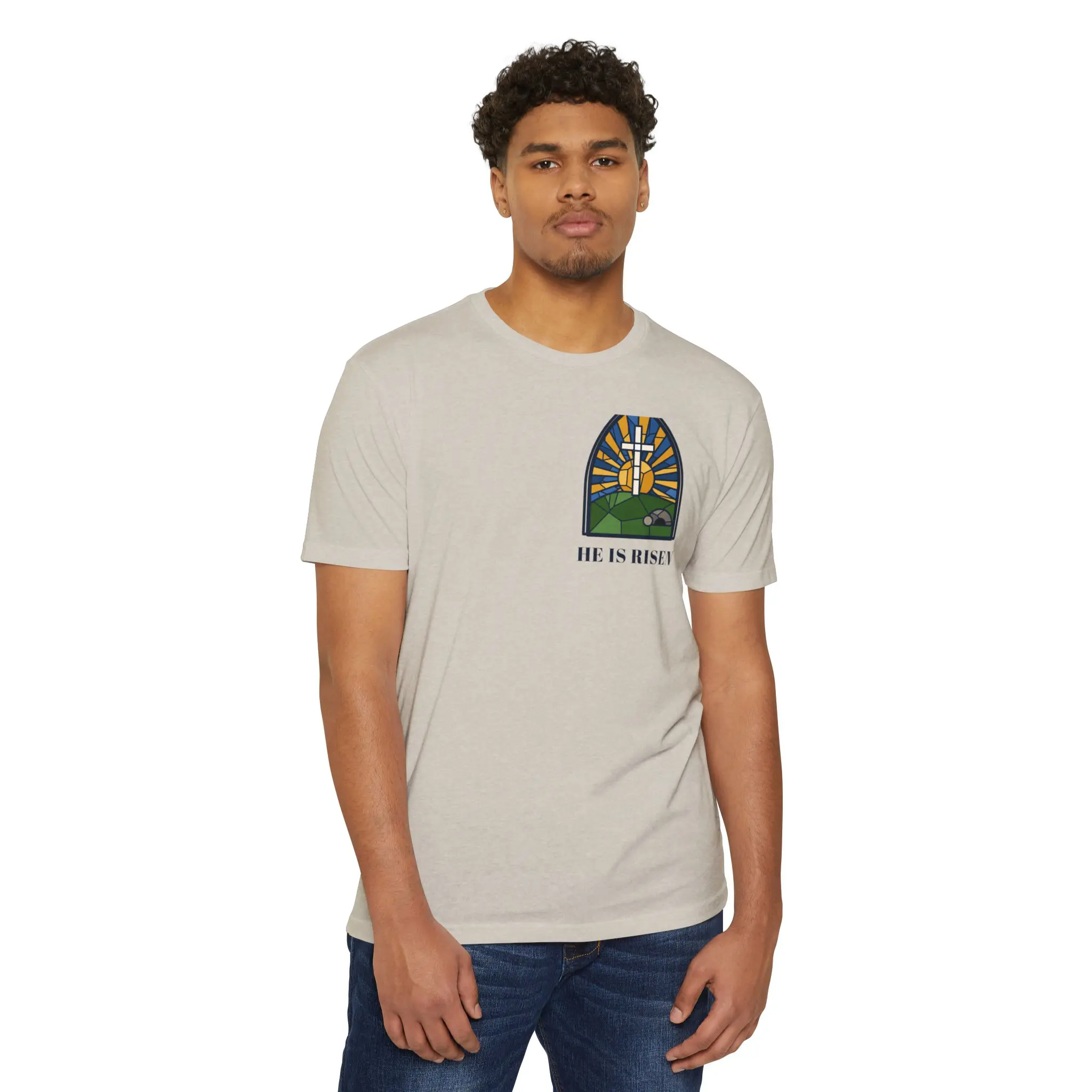 He Is Risen T-Shirt | Stained Glass Empty Tomb Front and Back Tee - Image 7