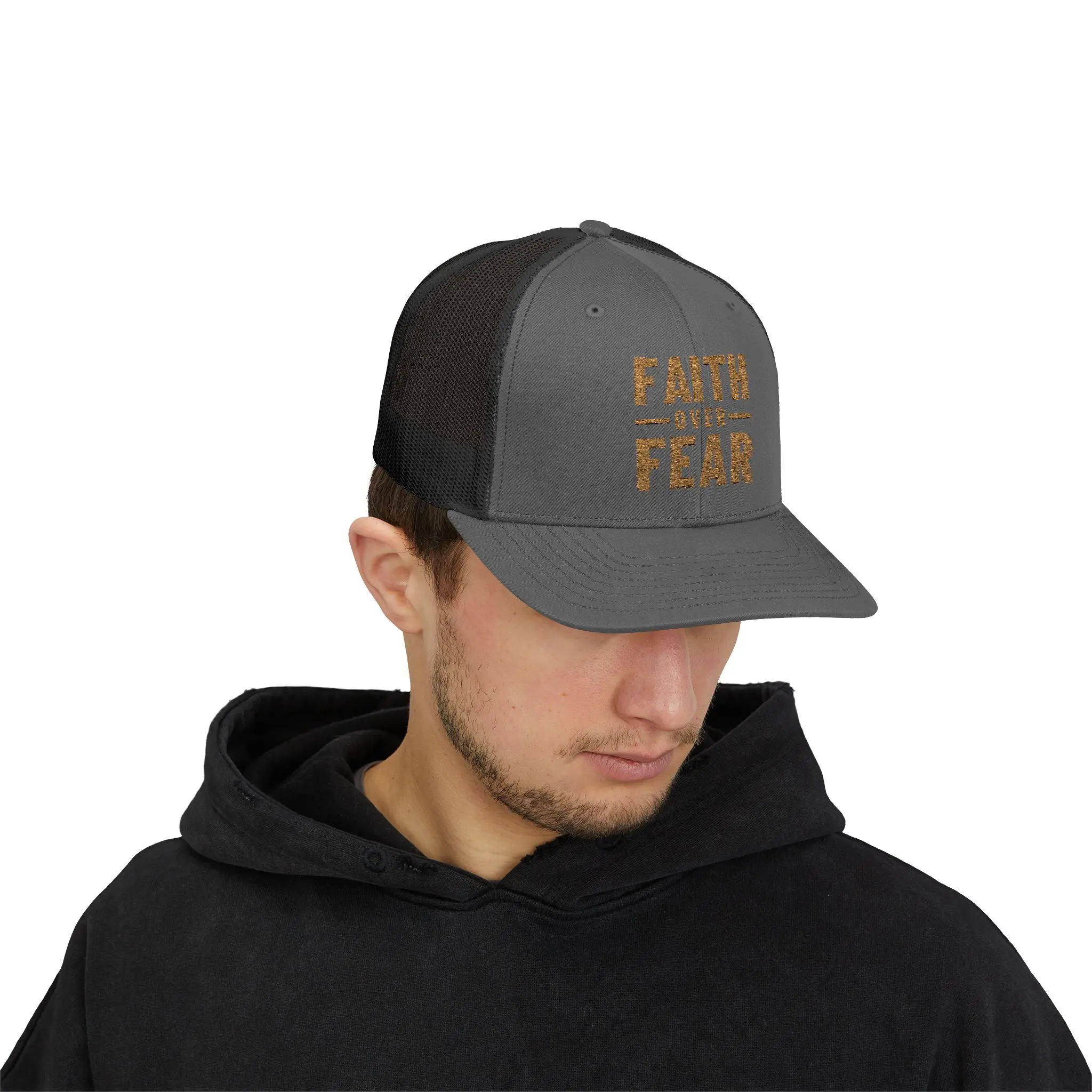 Faith Over Fear Trucker Hat | Gold Embroidered Christian Snapback - Image 11