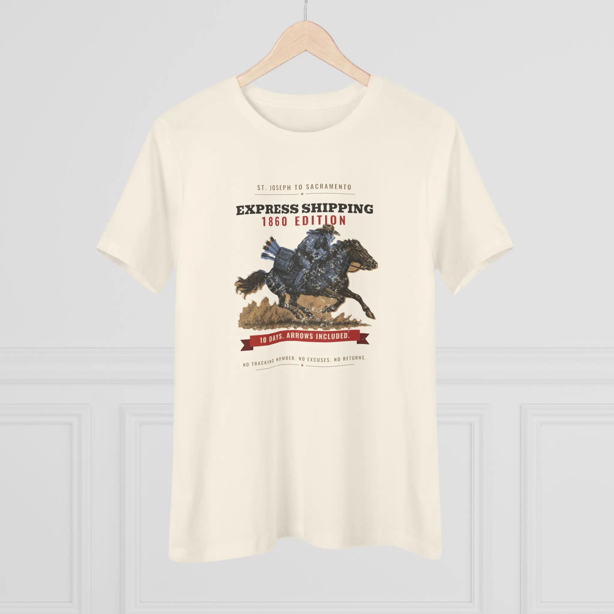 Women's Express Shipping 1860 Edition Tee | Funny Pony Express History Shirt - Image 8