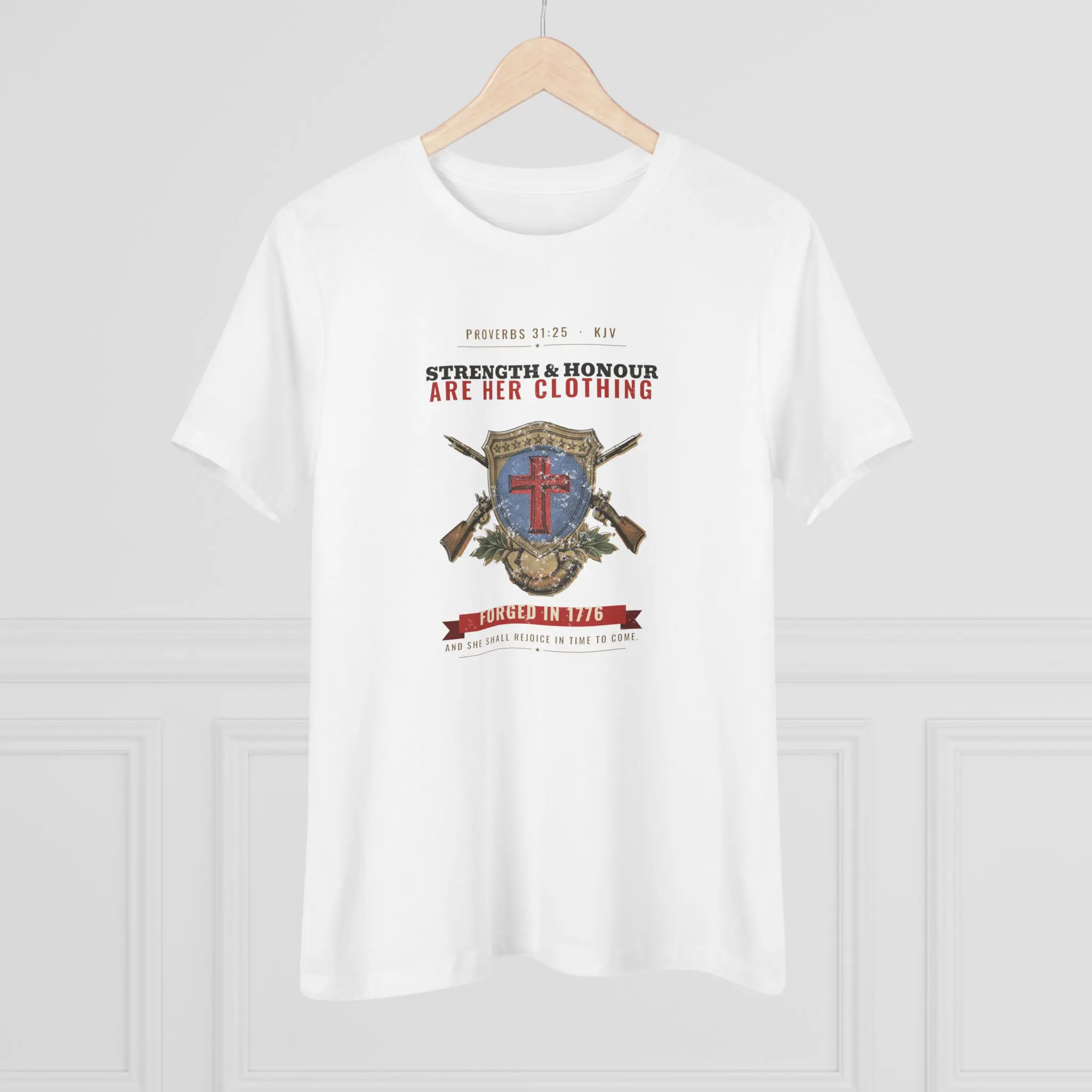 Women's Strength & Honour Are Her Clothing Tee | Proverbs 31:25 Shield Cross and Muskets Christian Shirt - Image 4