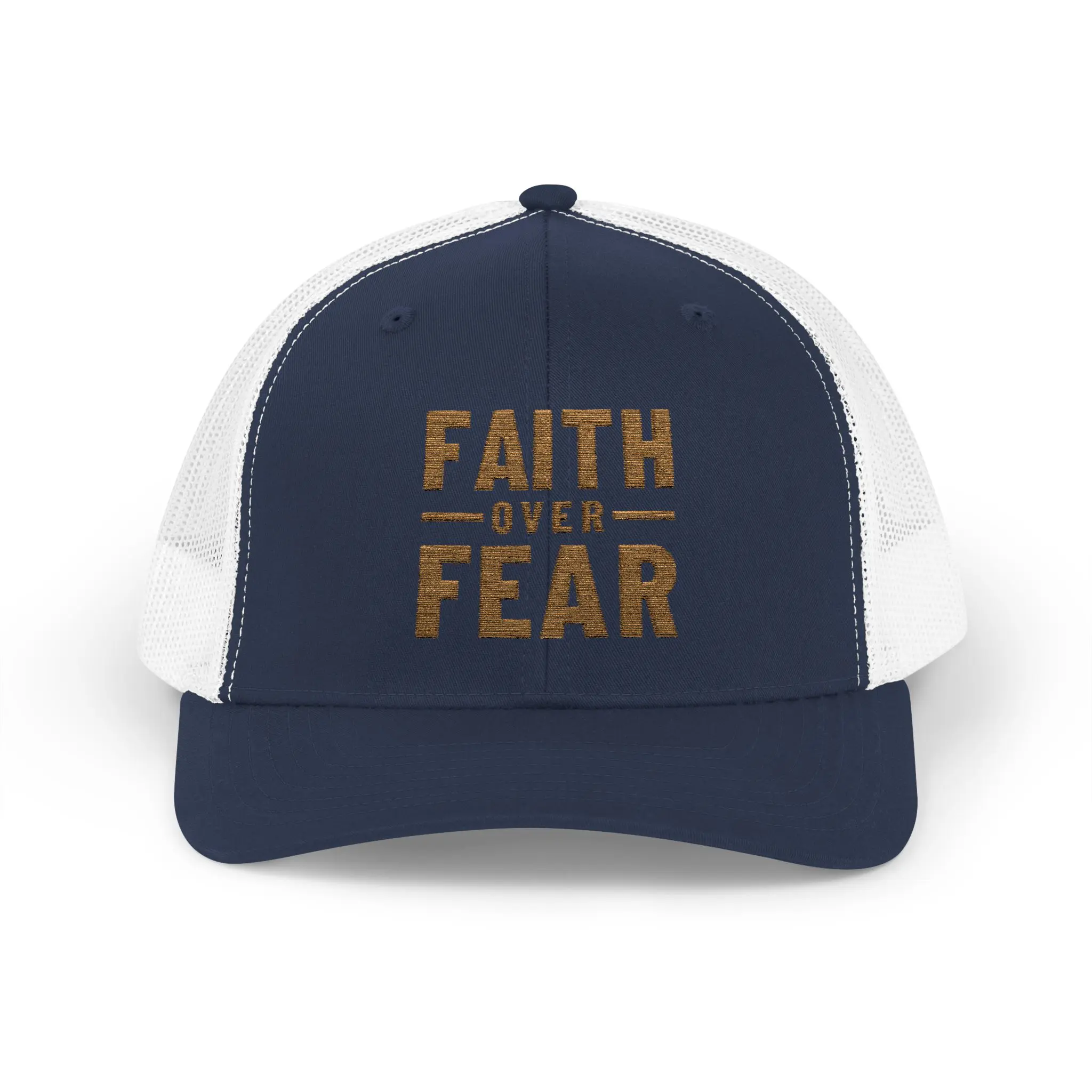 Faith Over Fear Trucker Hat | Gold Embroidered Christian Snapback - Image 17