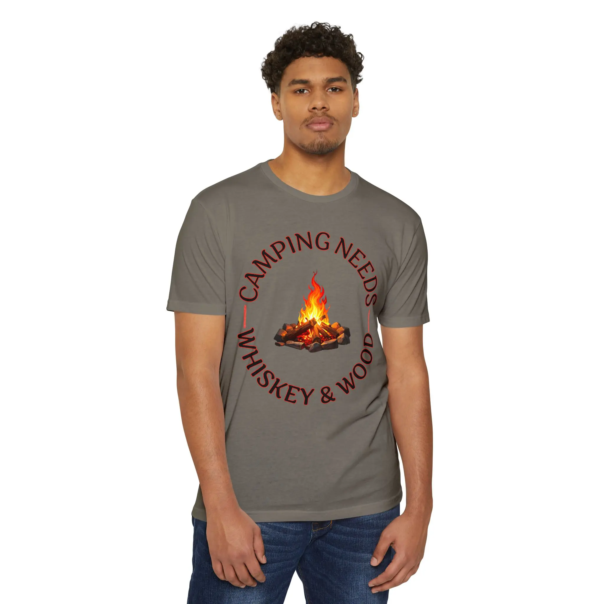 Camping Needs Whiskey and Wood T-Shirt | Funny Campfire Graphic Tee - Image 3