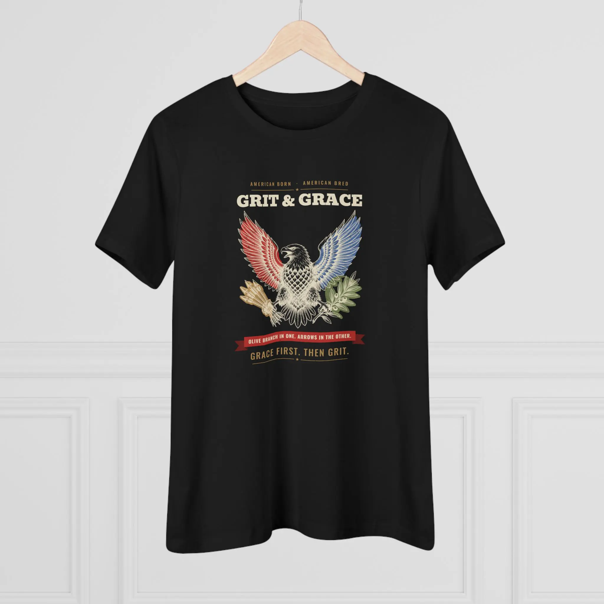Women's Grit & Grace Eagle Tee | Patriotic American Eagle Olive Branch and Arrows Shirt - Image 4