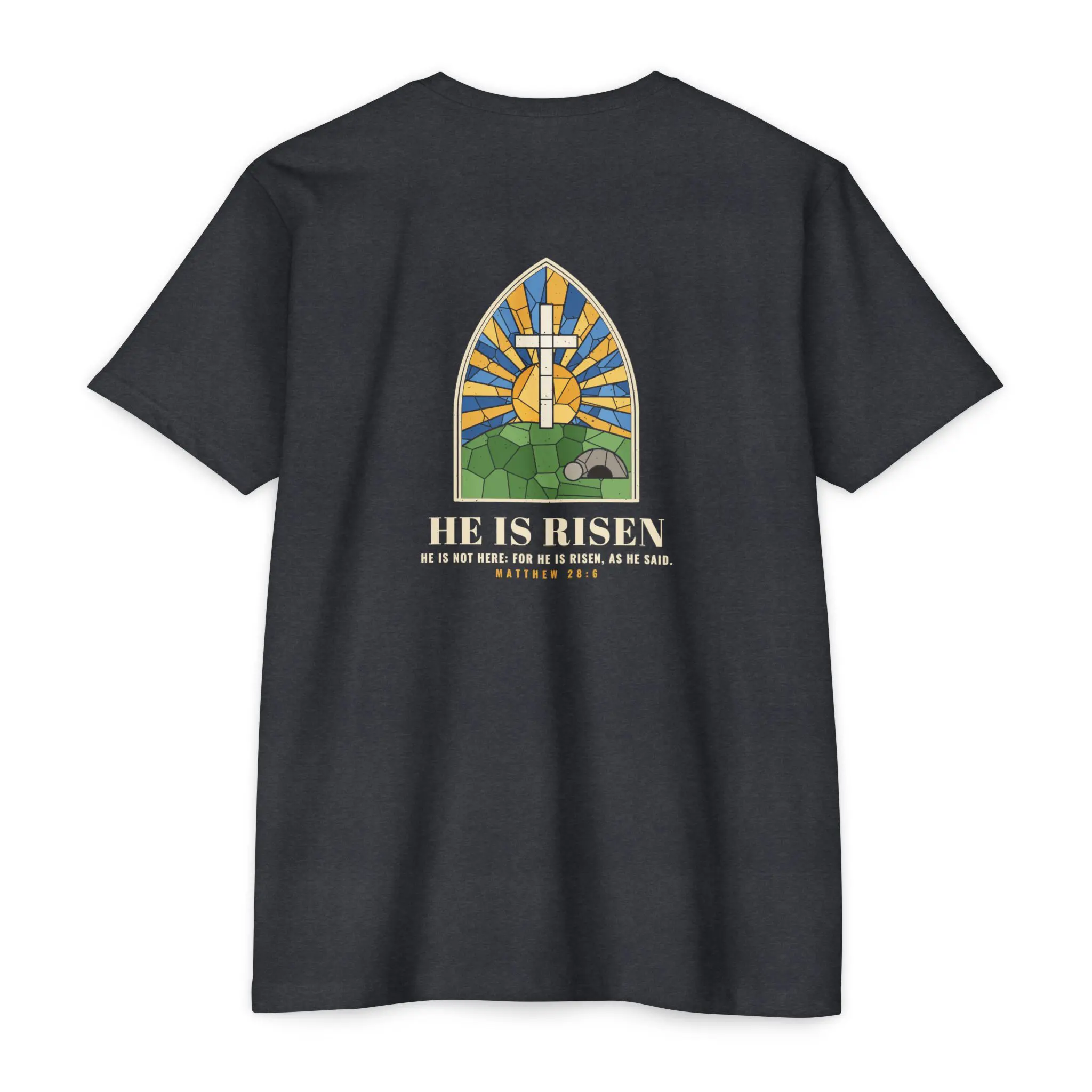 He Is Risen T-Shirt | Stained Glass Empty Tomb Front and Back Tee - Image 14